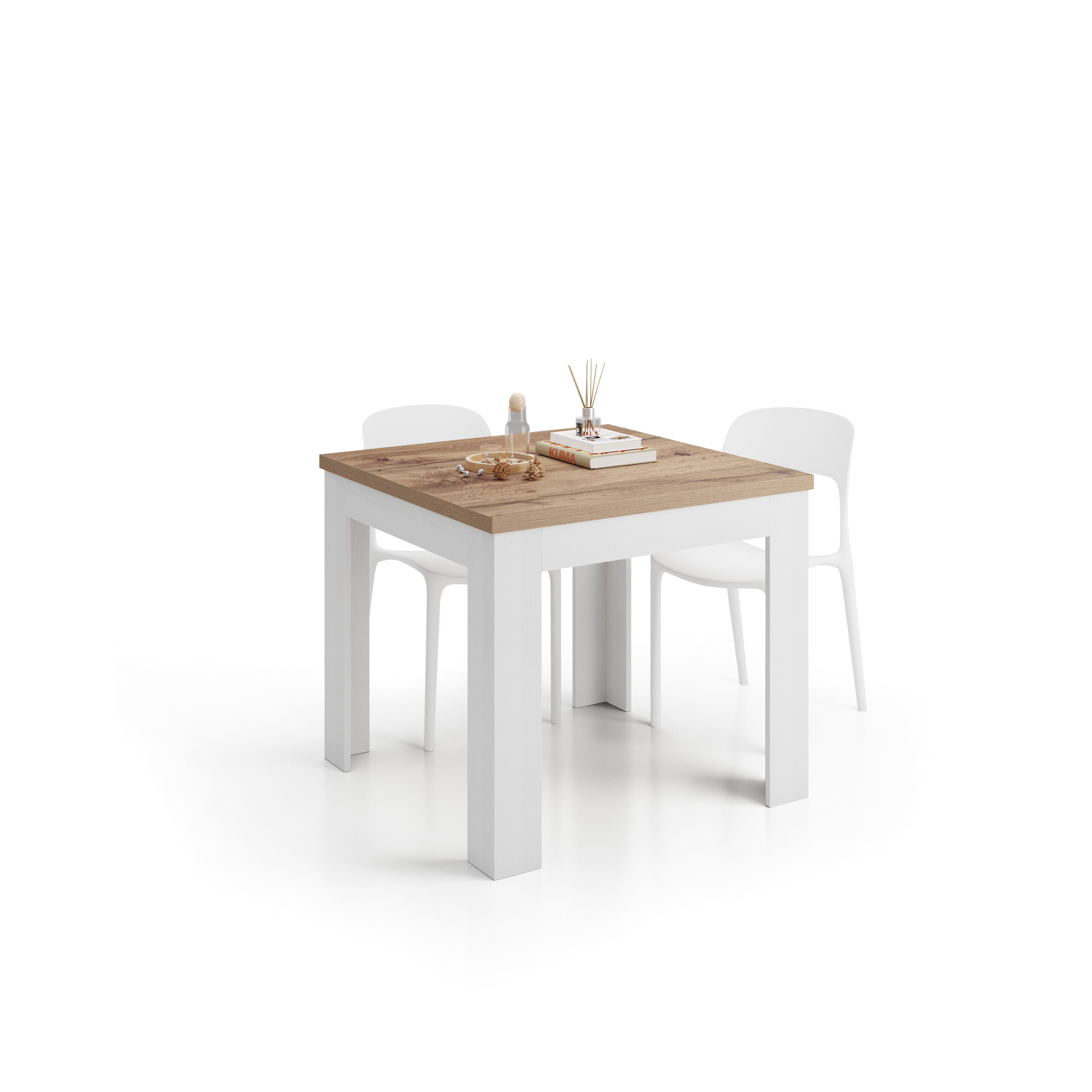 Square extendable dining table, Eldorado, 35.4(70.9)x35.4 in, Rustic Oak and Ashwood White