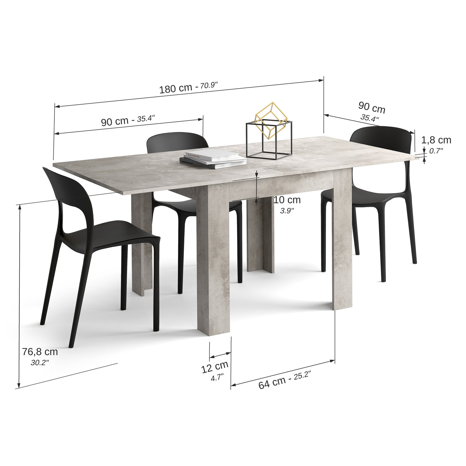 Square Extendable Table, Eldorado, 35.4(70.9)x35.4 in, Concrete Effect, Grey - Immagine tecnica 2