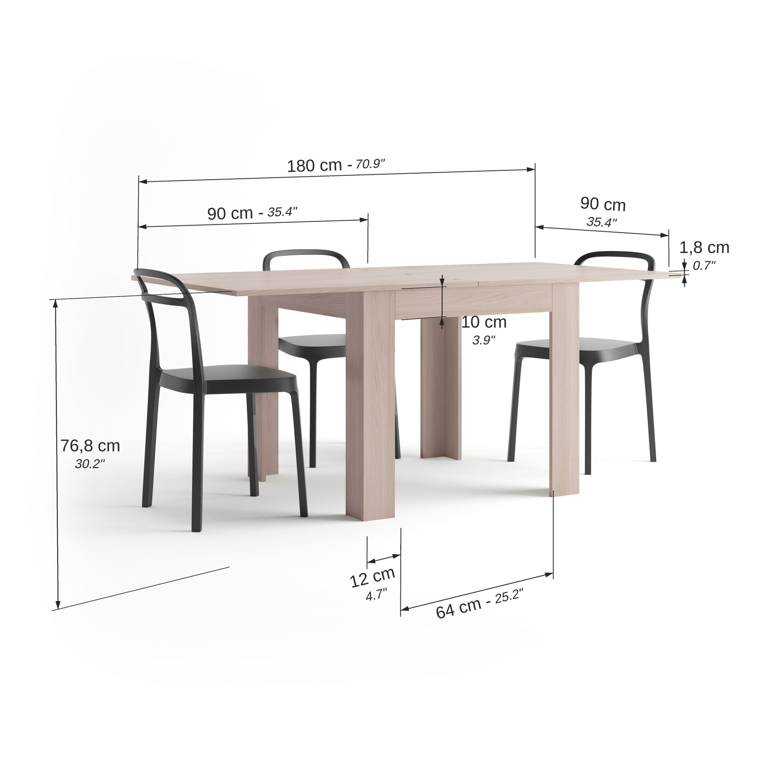 Čtvercový rozkládací jídelní stůl, 90x(180)x90 cm, Eldorado, perlový jilm - Immagine tecnica 2