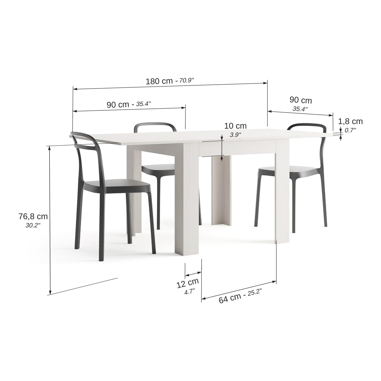 Čtvercový rozkládací jídelní stůl, 90x(180)x90 cm, Eldorado, bílý jasan - Immagine tecnica 2