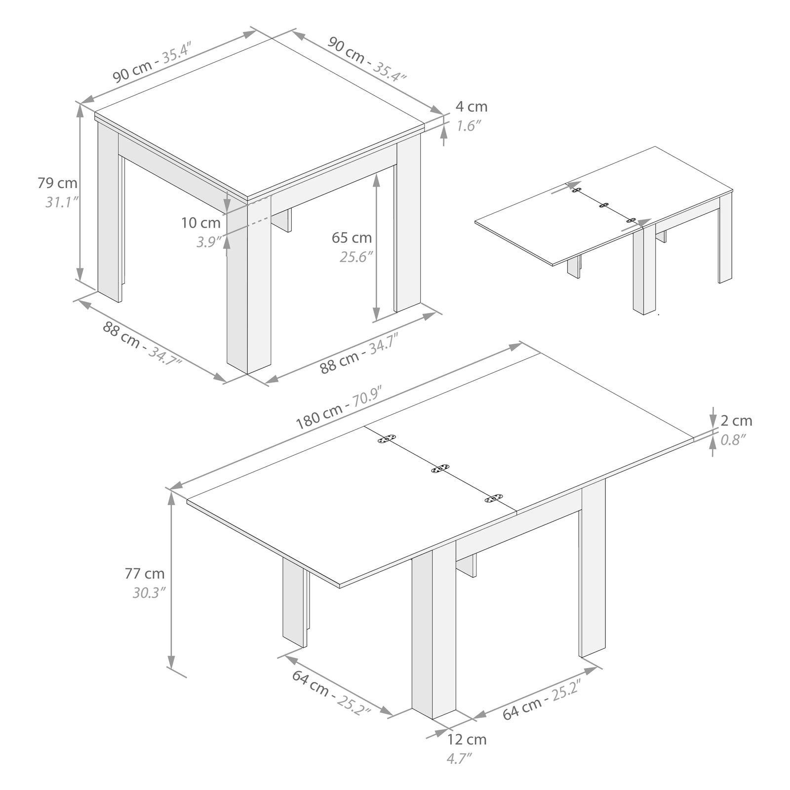 Square extendable dining table, 90x(180)x90 cm, Eldorado, Rustic Wood and Ashwood White - Immagine tecnica 1