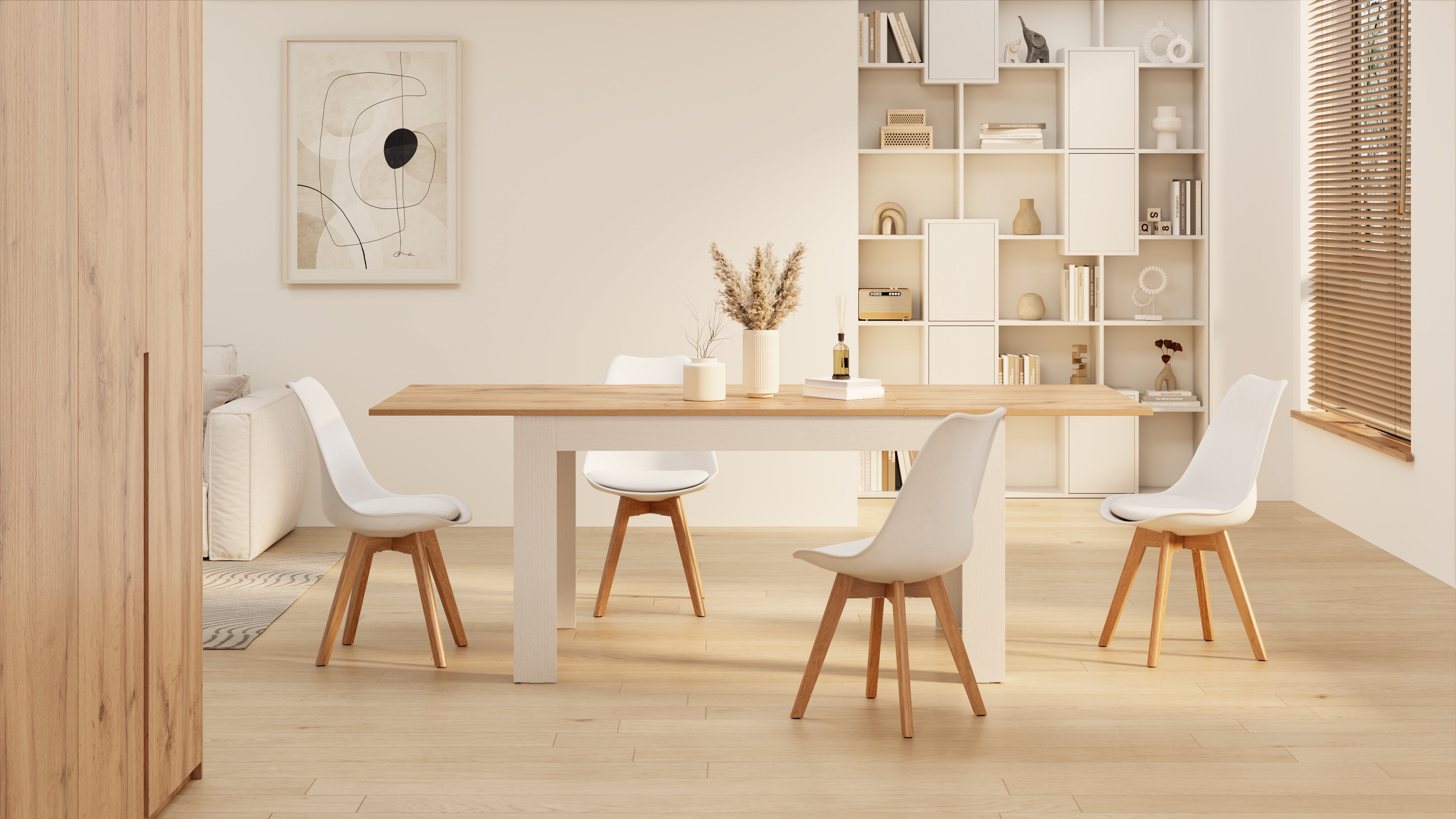 Table extensible cuisine, Easy, 140(220)x90 cm, Bois Rustique et Frêne Blanc - Set image 2