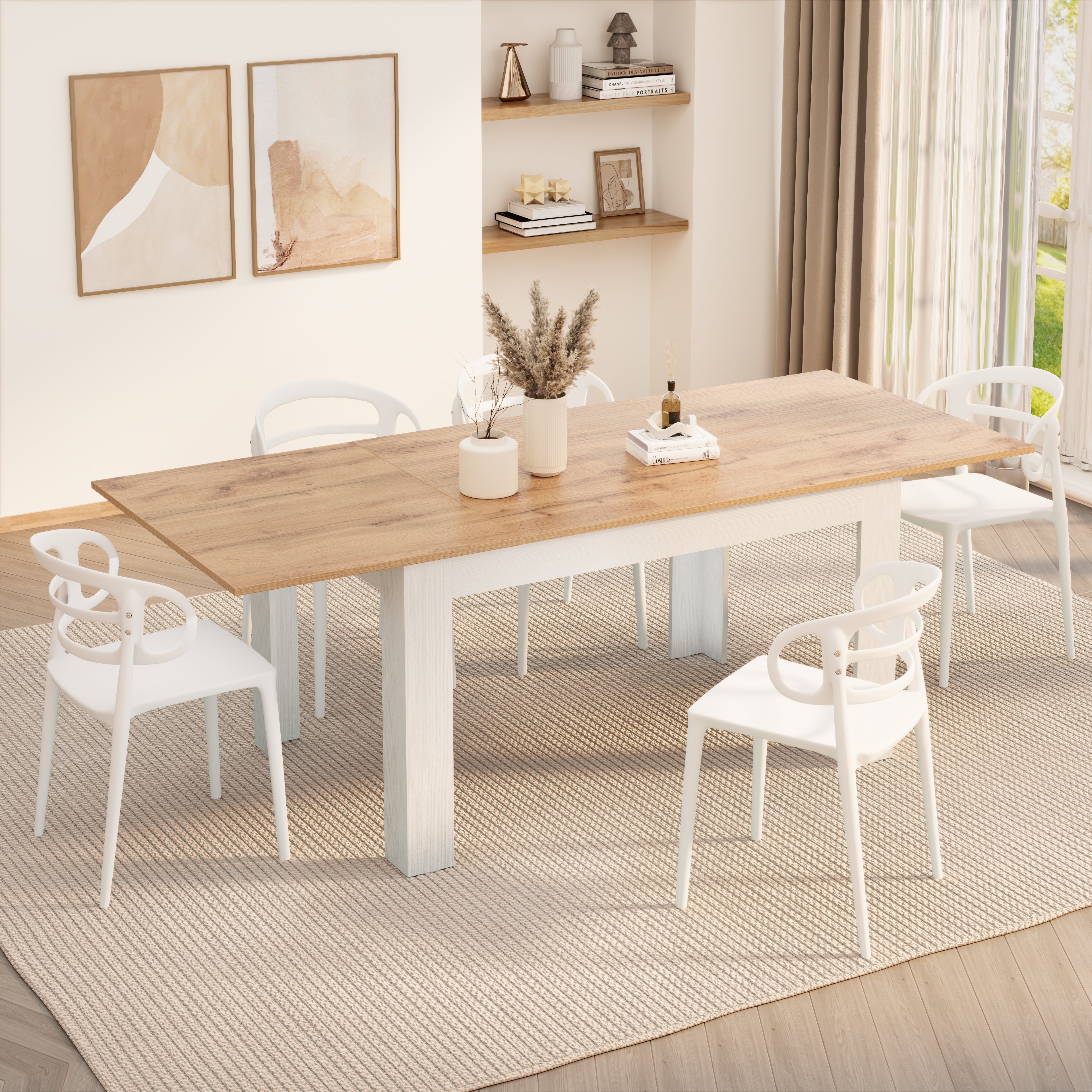 Easy, Extendable dining table, 140(220)x90 cm, Rustic Oak and Ashwood White