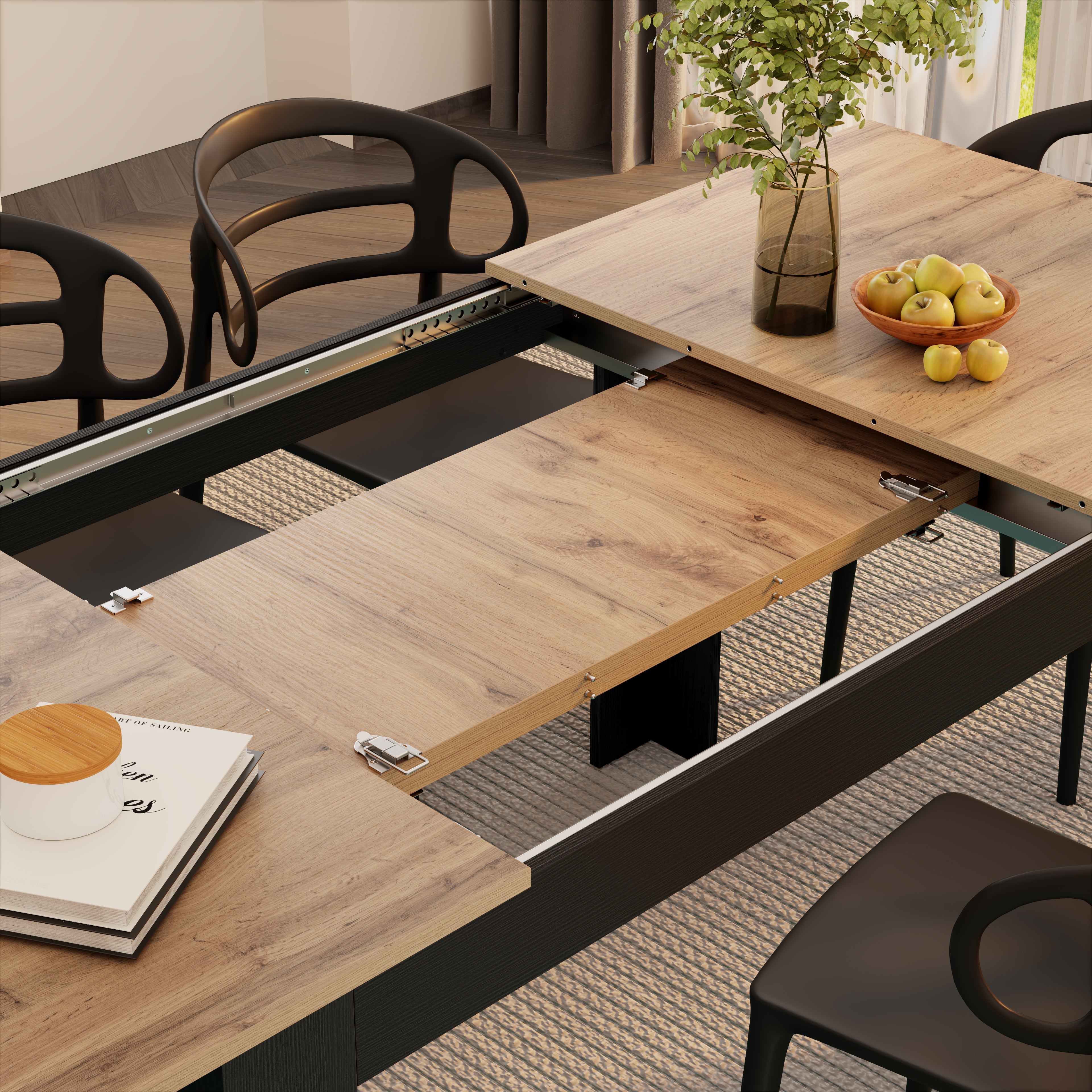 Table extensible cuisine, Easy, 140(220)x90 cm, Bois Rustique et Frêne Noir - Detail image 1