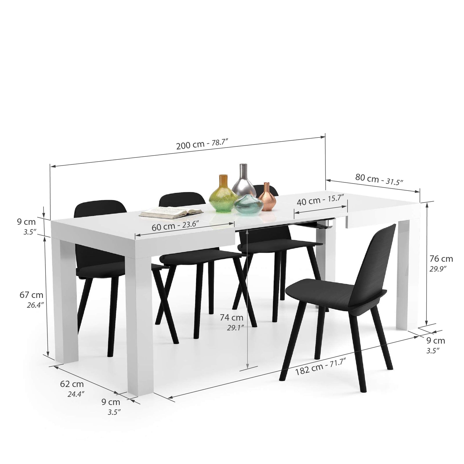 Table à manger extensible, First, 120(200)x80 cm, Blanc Laqué Brillant - Immagine tecnica 1