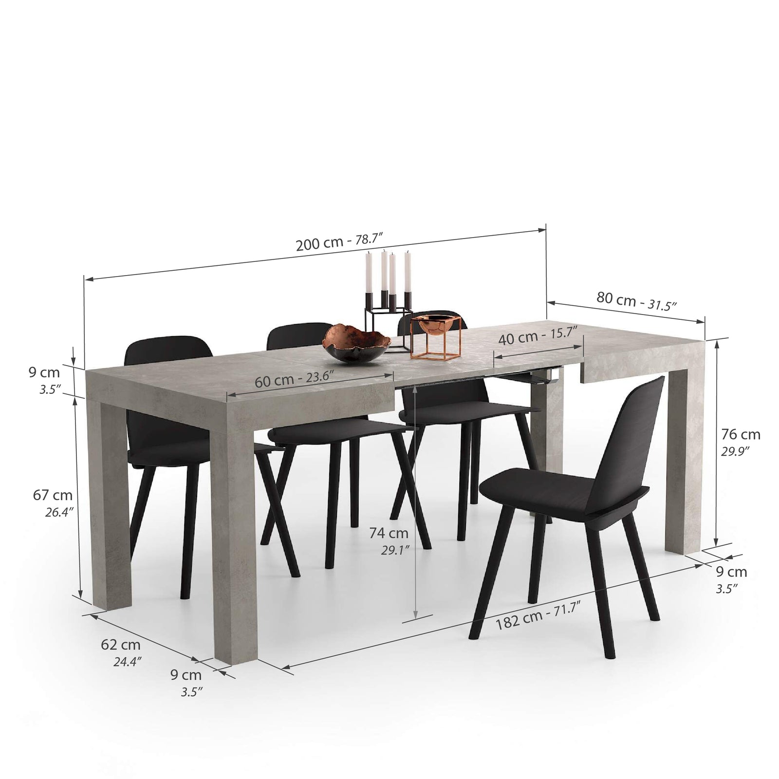First ausziehbarer Tisch, 120(200)x80 cm, grauer Beton - Immagine tecnica 1