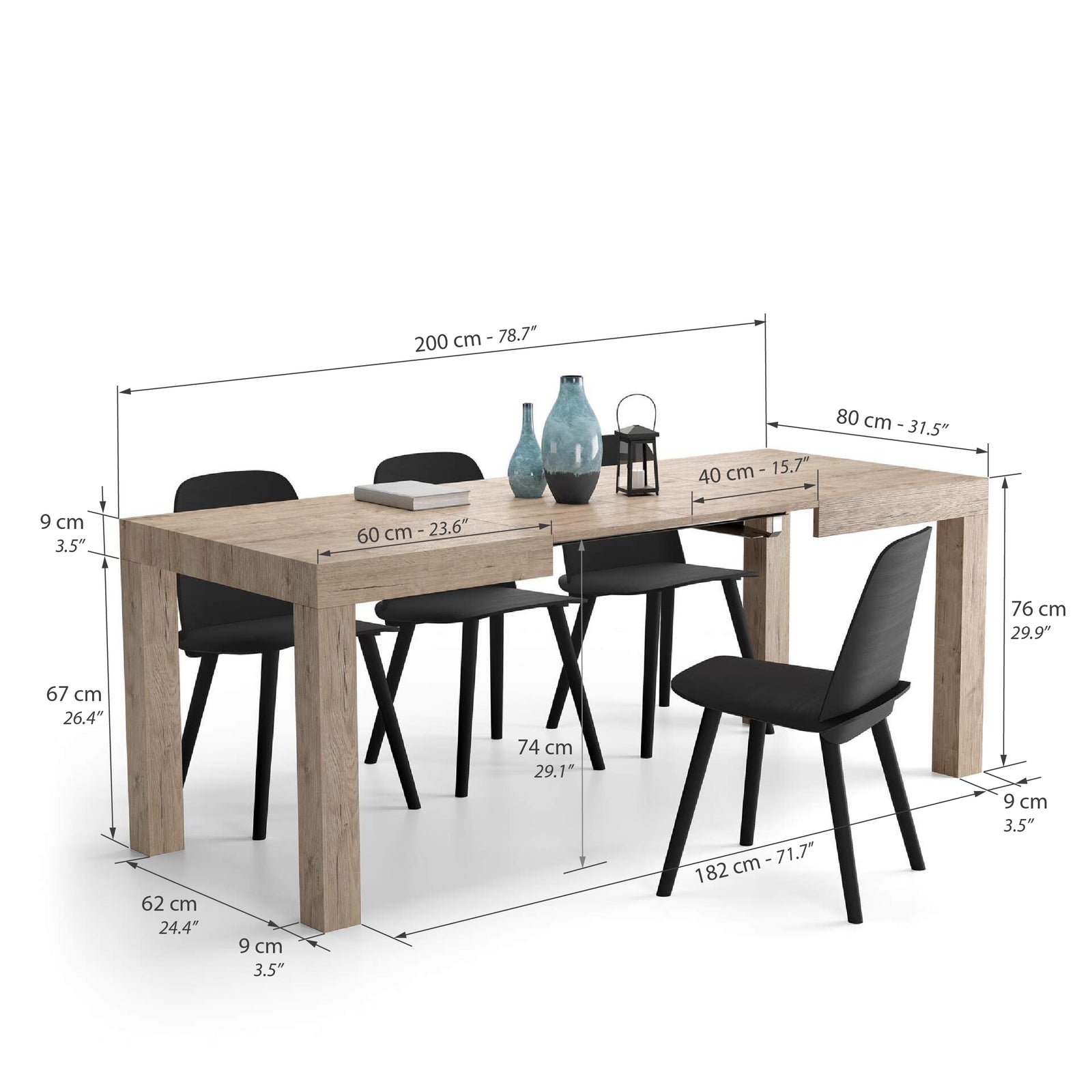 Mesa de cocina extensible First, 120(200)x80 cm, color Encina - Immagine tecnica 1