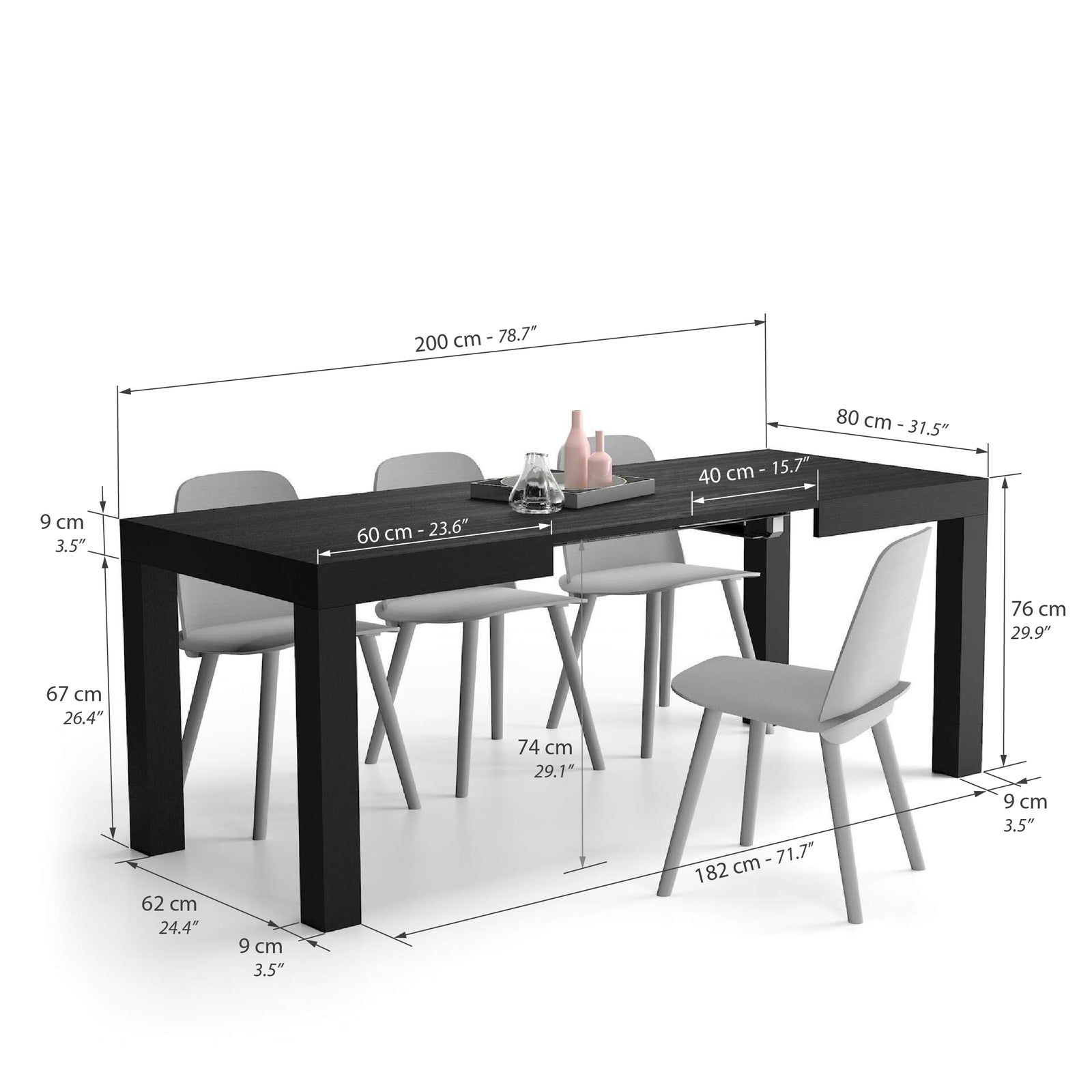 Tavolo Allungabile First, 120(200)x80 cm, Nero Frassino - Immagine tecnica 1