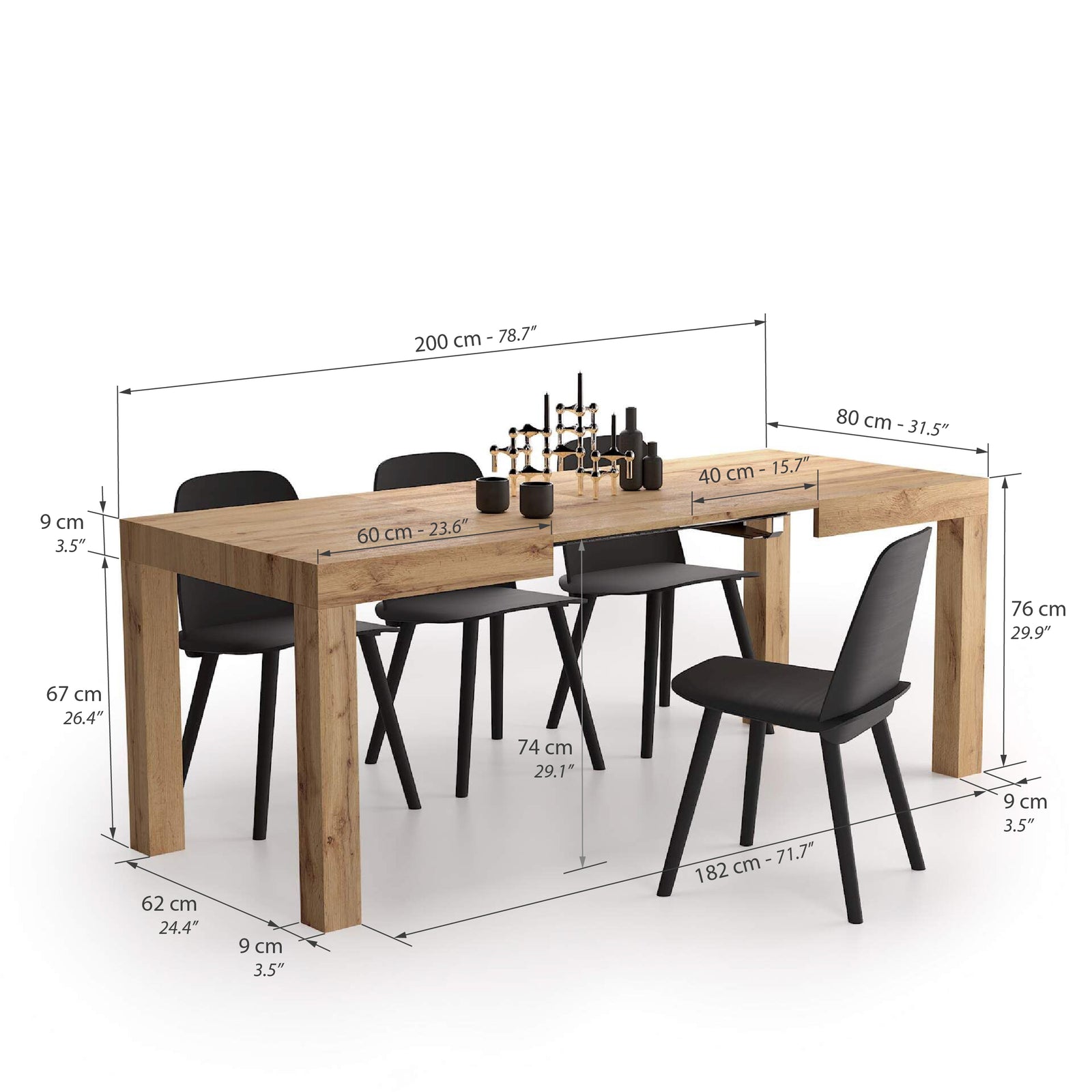 Tavolo Allungabile First, 120(200)x80 cm, Rovere Rustico - Immagine tecnica 1