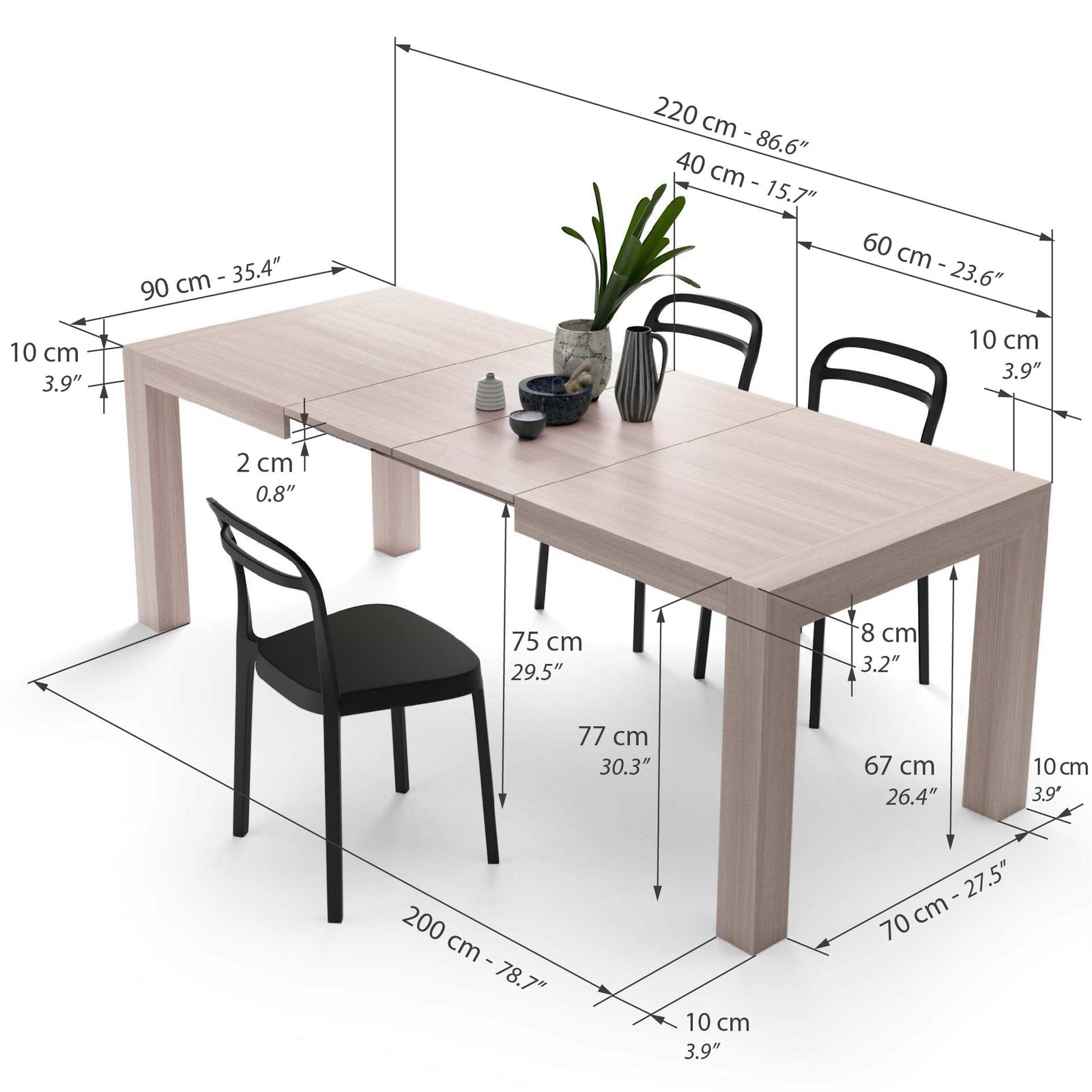 Moderne Uitschuifbare Tafel, Iacopo, 140(220)x90 cm, Licht Iepen - Immagine tecnica 1