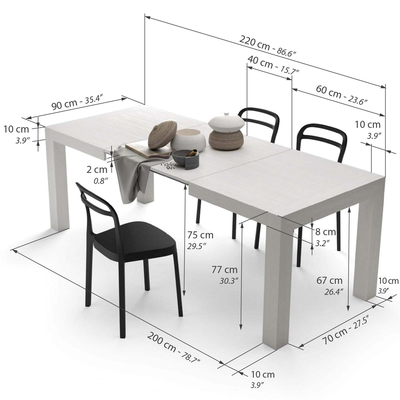 Moderne Uitschuifbare Tafel, Iacopo, 140(220)x90 cm, Wit Essen - Immagine tecnica 1