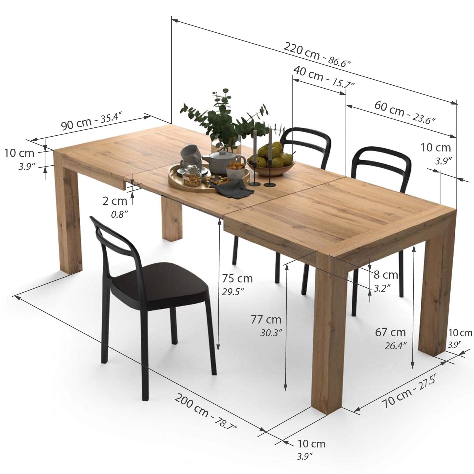 Iacopo Extendable Dining Table, 55.1(86.6)x35.4 in, Rustic Oak - Immagine tecnica 1