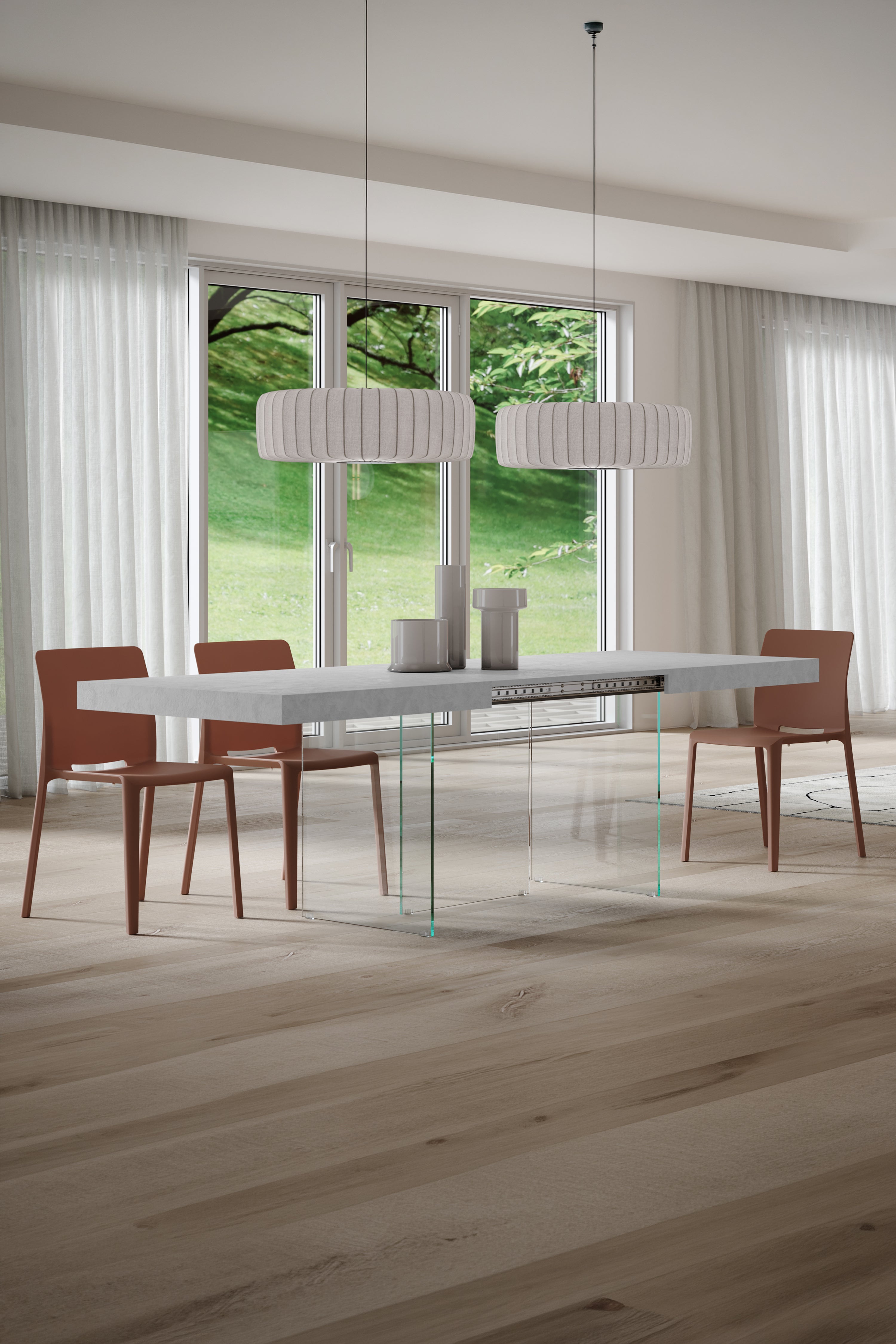 Tavolo allungabile Lia 160(240)x90 cm, Bianco cemento con gambe in vetro extrachiaro - Immagine ambientata 1
