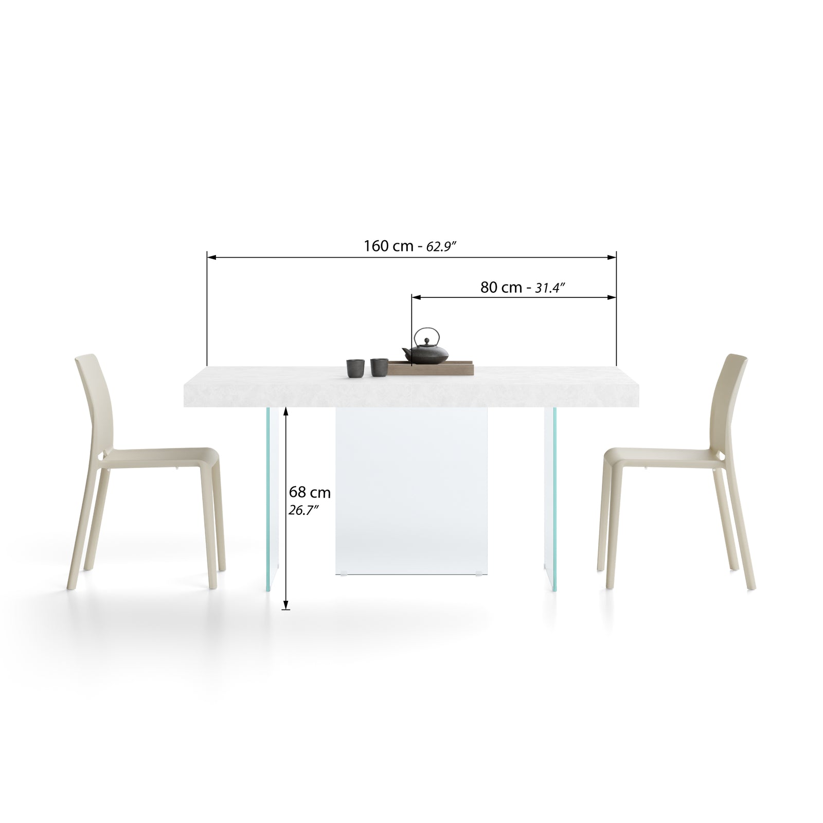 Ausziehbarer Tisch Lia 160(240)x90 cm, Betonweiß mit Beinen aus extraklarem Glas - Immagine tecnica 1