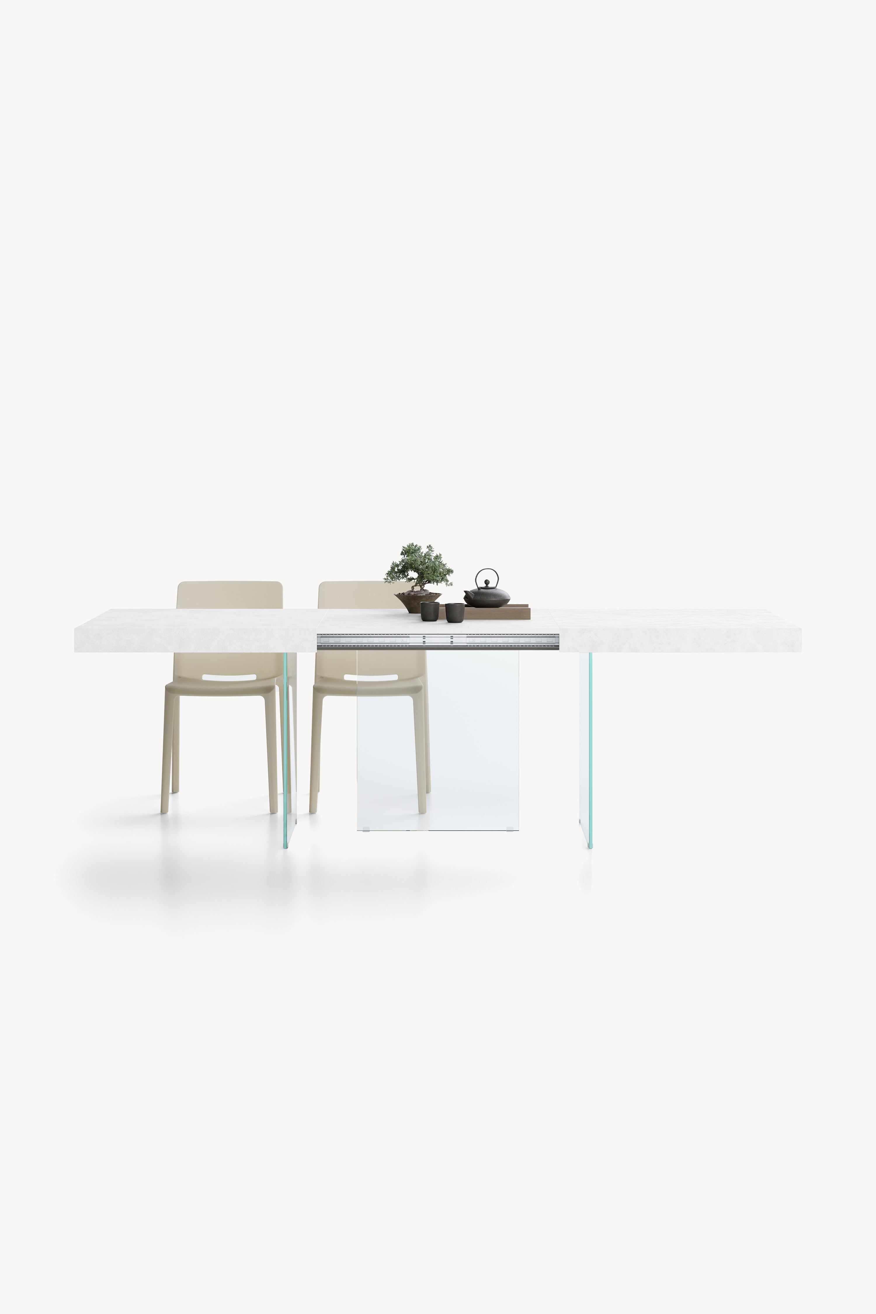 Tavolo allungabile Lia 160(240)x90 cm, Bianco cemento con gambe in vetro extrachiaro - Immagine principale