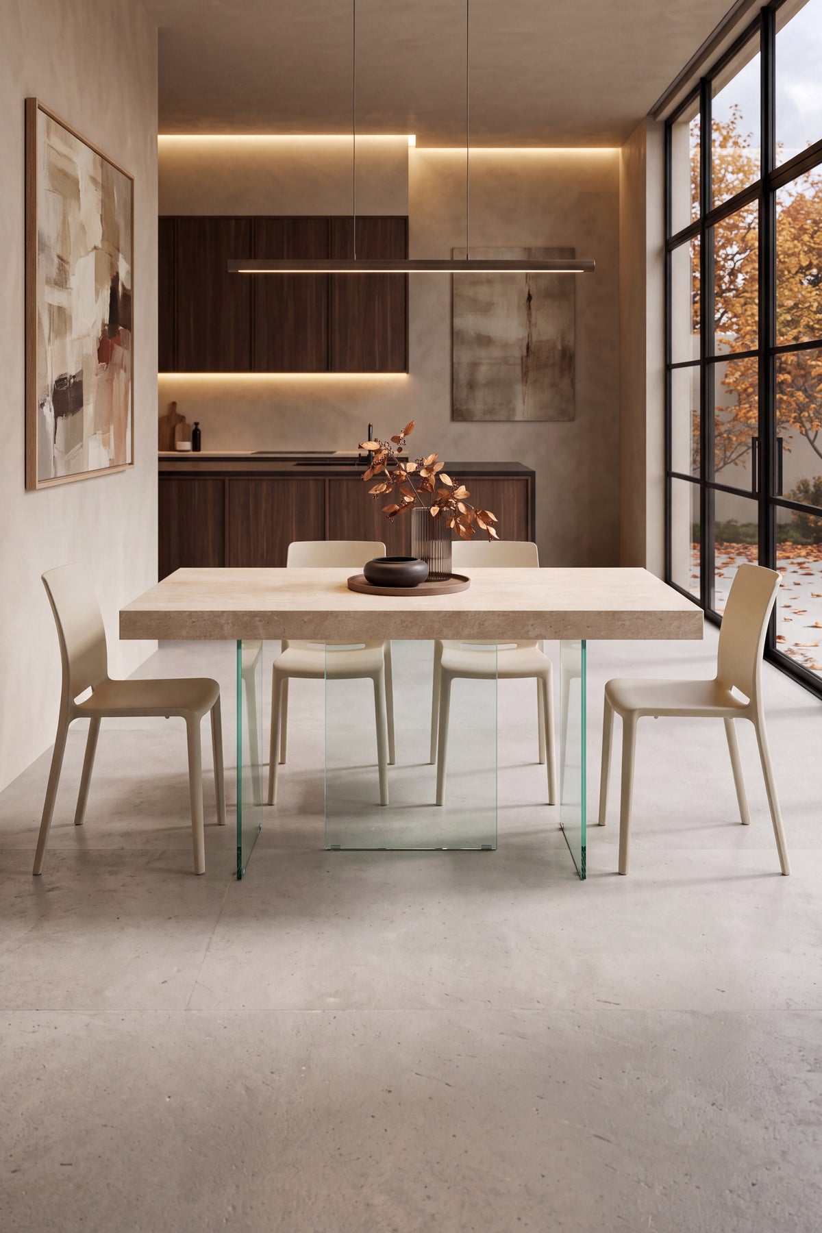 Ausziehbarer Tisch Lia 160(240)x90 cm, Beige Marmoroptik mit Beinen aus extraklarem Glas - Set-Bild 1