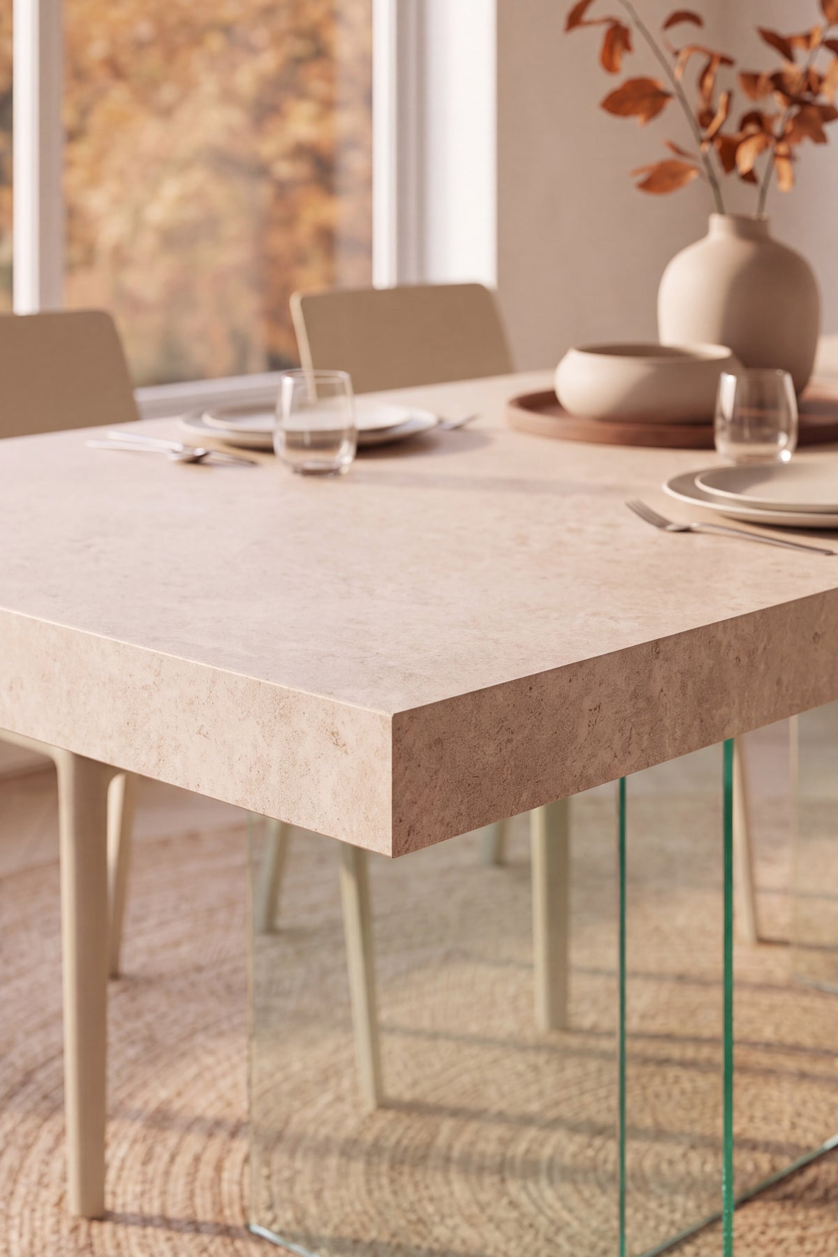 Ausziehbarer Tisch Lia 160(240)x90 cm, Beige Marmoroptik mit Beinen aus extraklarem Glas - Set-Bild 3