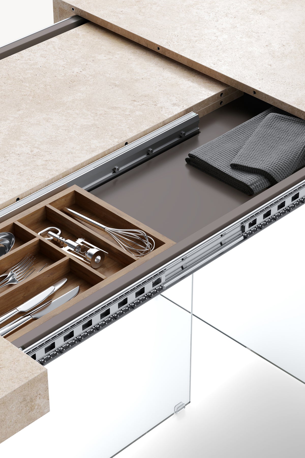 Verlengbare tafel Lia 160(240)x90 cm, Beige Marmerlook met poten van extra helder glas - Detailafbeelding 2