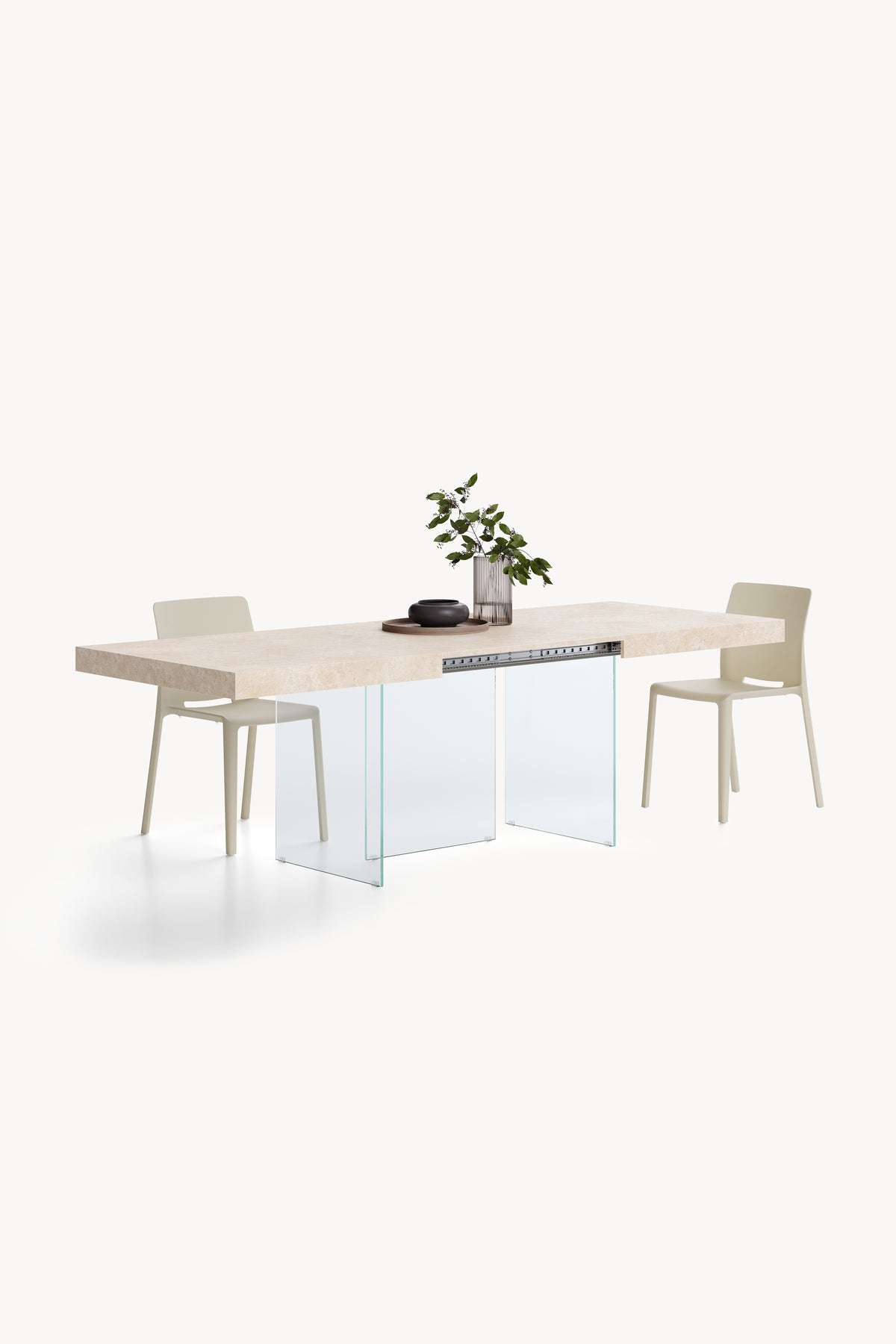 Verlengbare tafel Lia 160(240)x90 cm, Beige Marmerlook met poten van extra helder glas - Detailafbeelding 3