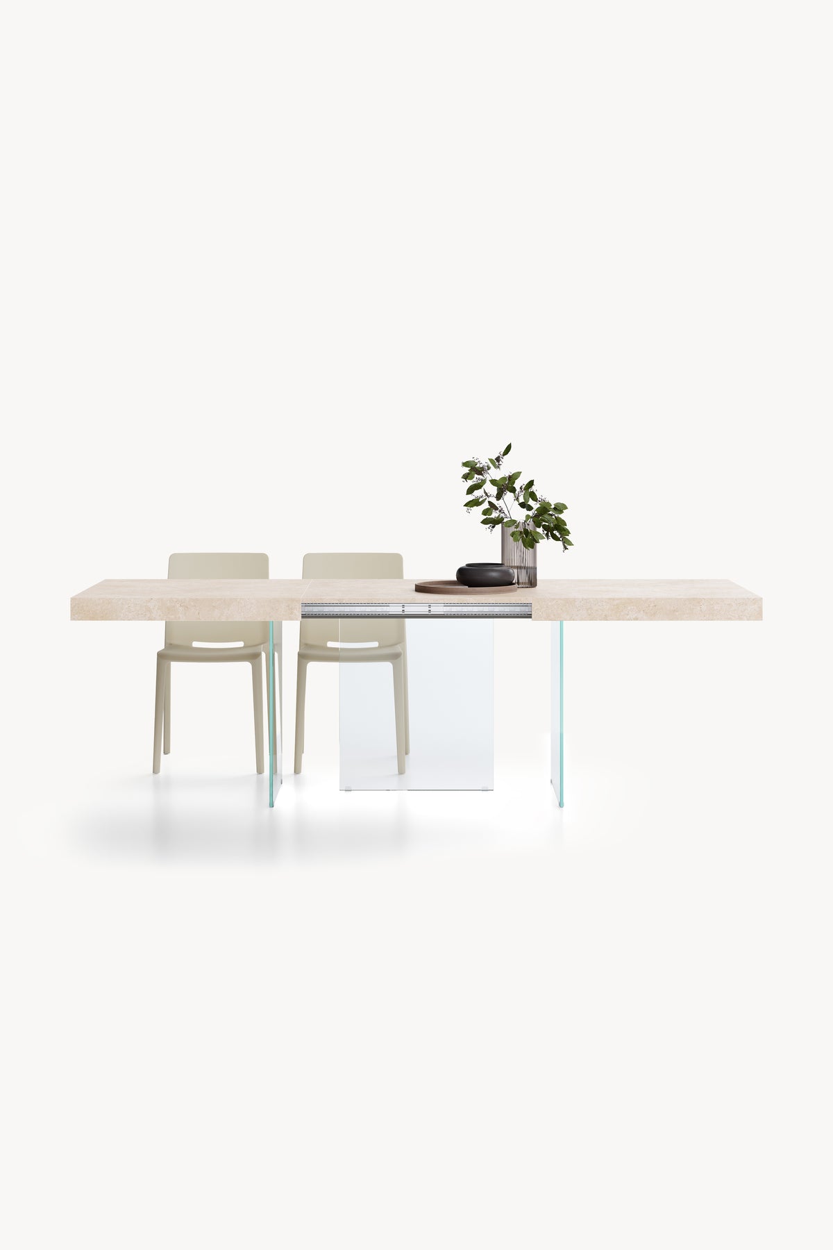 Verlengbare tafel Lia 160(240)x90 cm, Beige Marmerlook met poten van extra helder glas - Hoofdafbeelding