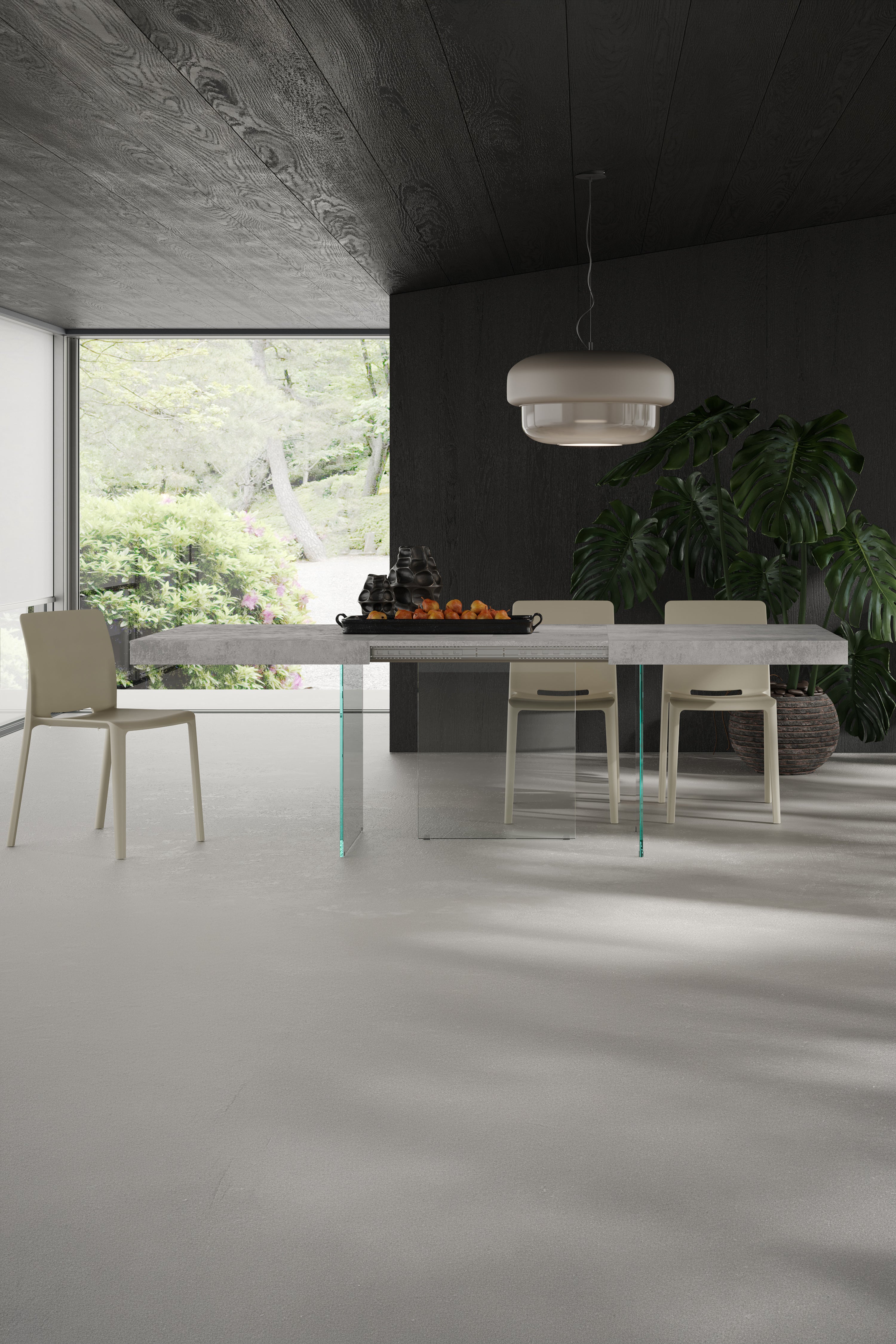 Tavolo allungabile Lia 160(240)x90 cm, Grigio cemento con gambe in vetro extrachiaro - Immagine ambientata 1