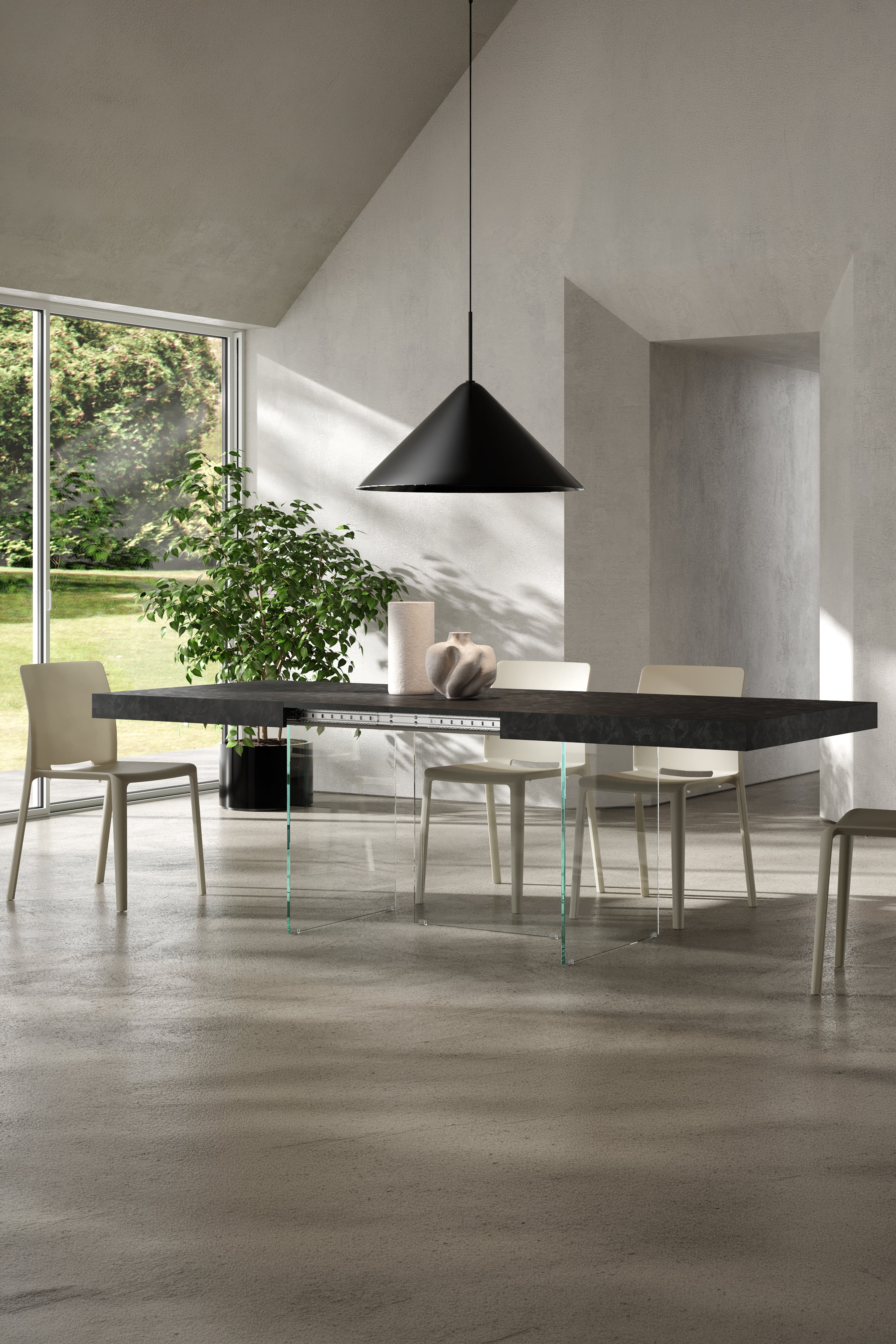 Table extensible Lia 160(240)x90 cm, Noir béton avec pieds en verre extra-clair - Image d’ensemble 1