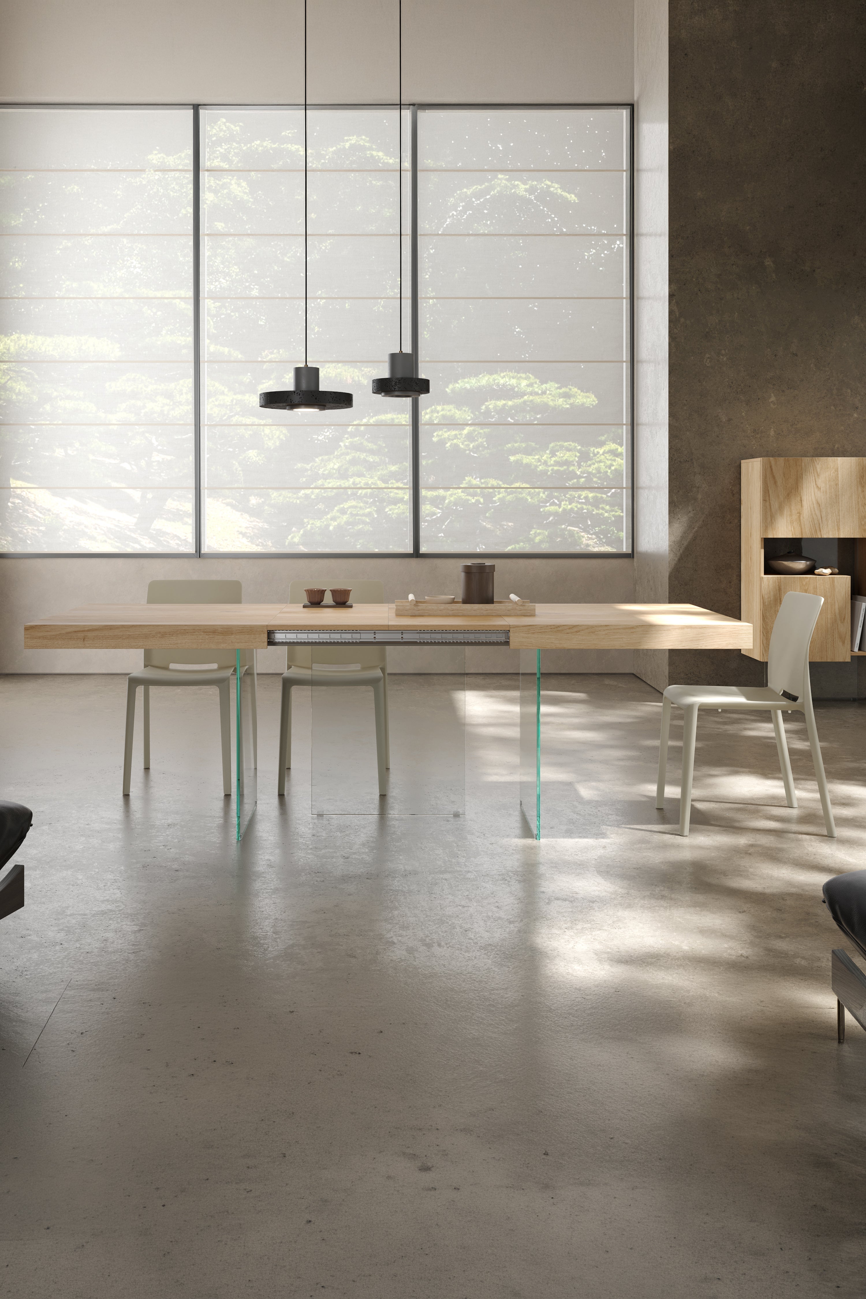 Ausziehbarer Tisch Lia 160(240)x90 cm, Wildeiche mit Beinen aus extraklarem Glas - Set-Bild 1