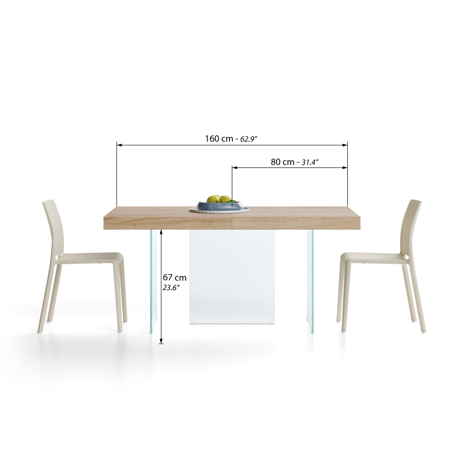 Tavolo allungabile Lia 160(240)x90 cm, Rovere naturale con gambe in vetro extrachiaro - Immagine tecnica 1