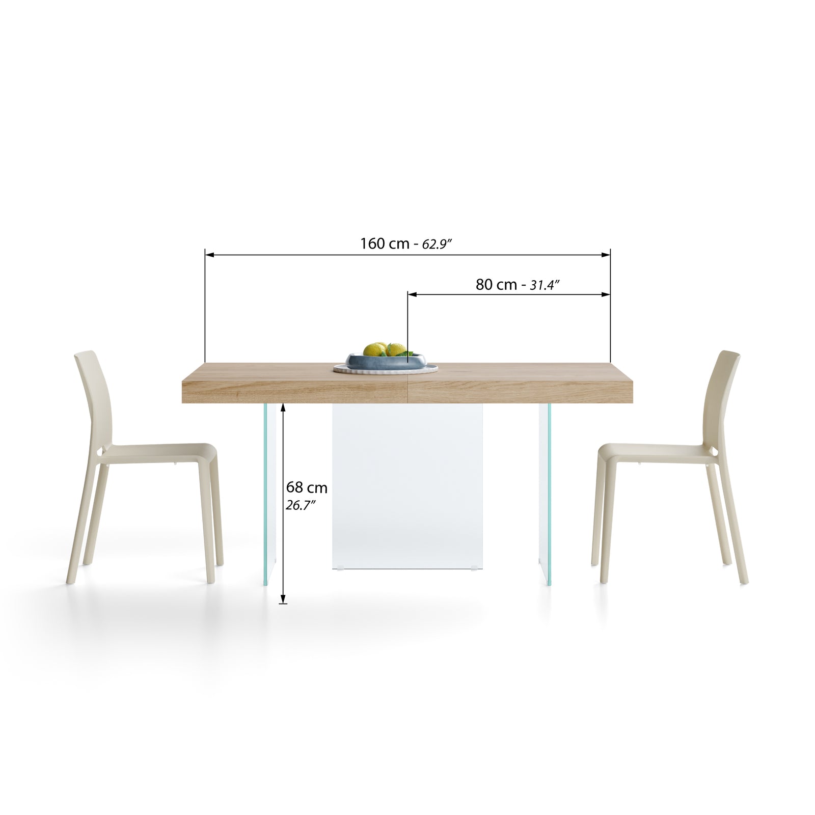 Ausziehbarer Tisch Lia 160(240)x90 cm, Wildeiche mit Beinen aus extraklarem Glas - Immagine tecnica 1