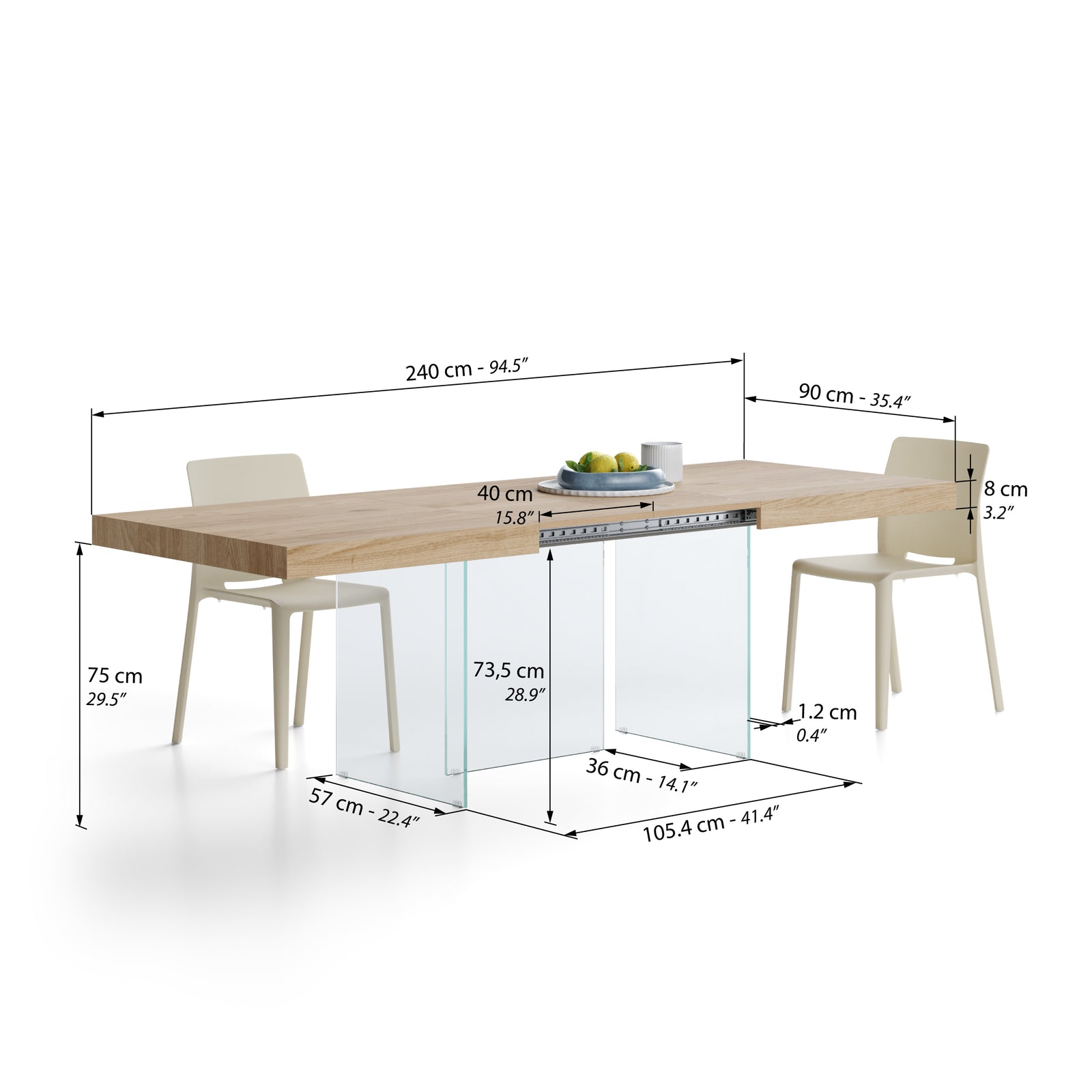 Tavolo allungabile Lia 160(240)x90 cm, Rovere naturale con gambe in vetro extrachiaro - Immagine tecnica 2