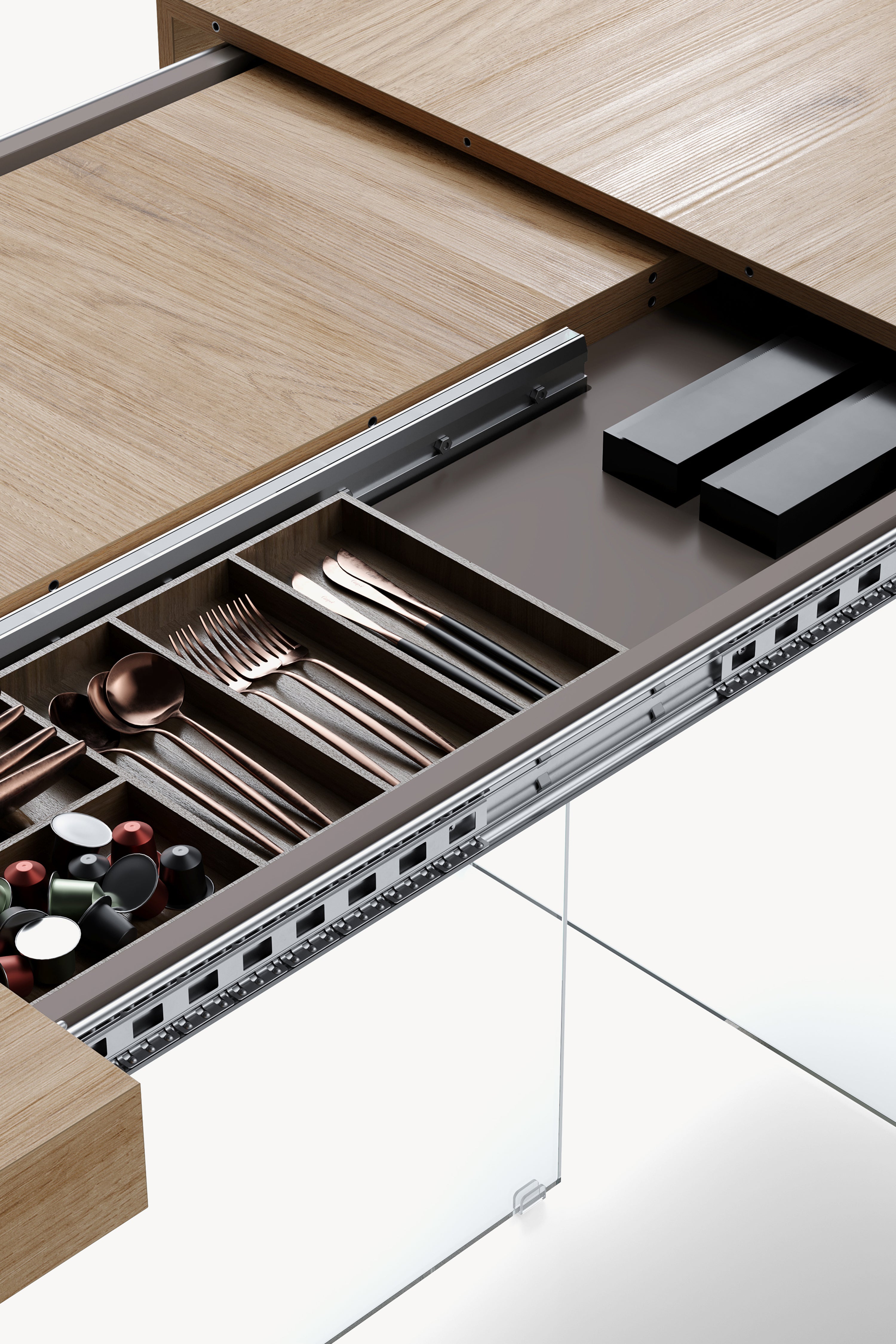 Ausziehbarer Tisch Lia 160(240)x90 cm, Wildeiche mit Beinen aus extraklarem Glas - Detailbild 1