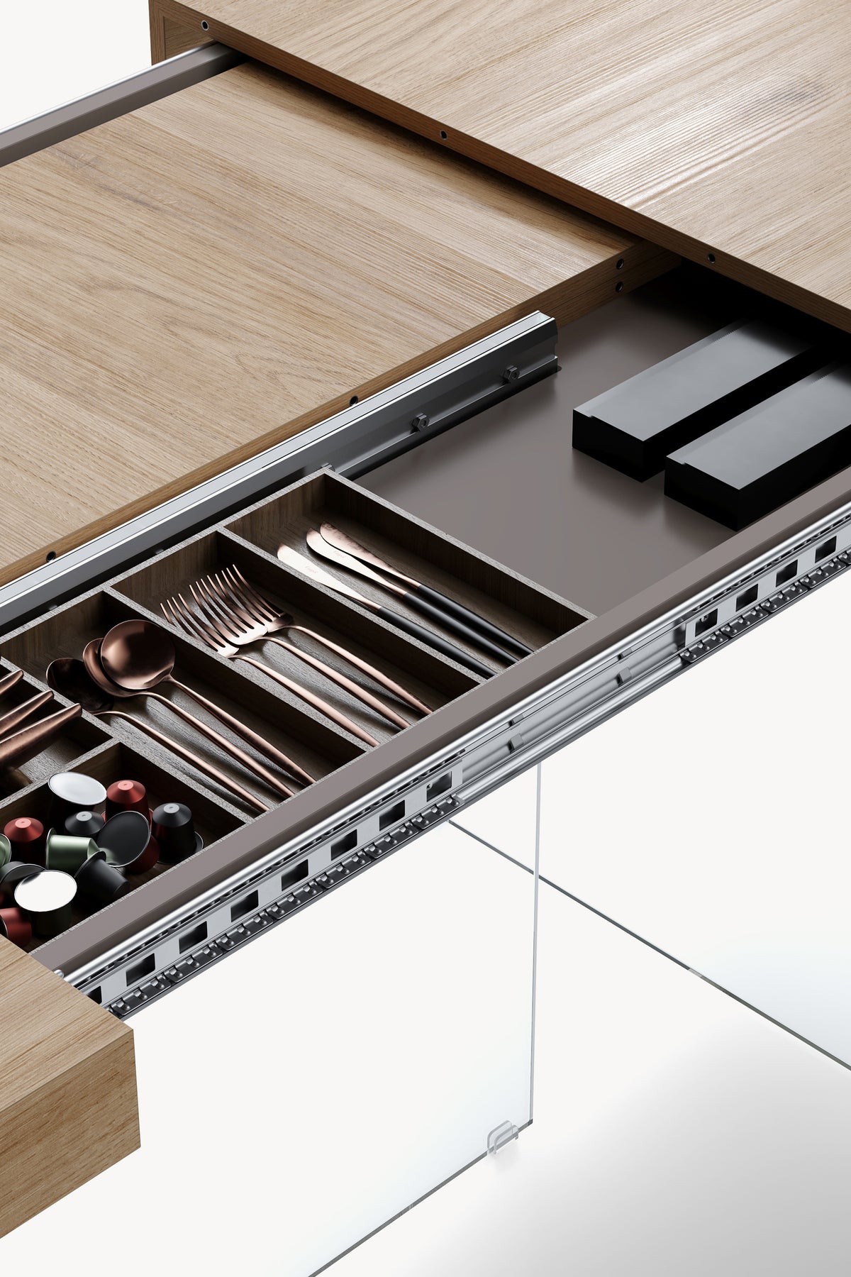 Table extensible Lia 160(240)x90 cm, Chêne clair avec pieds en verre extra-clair - Image de détail 1