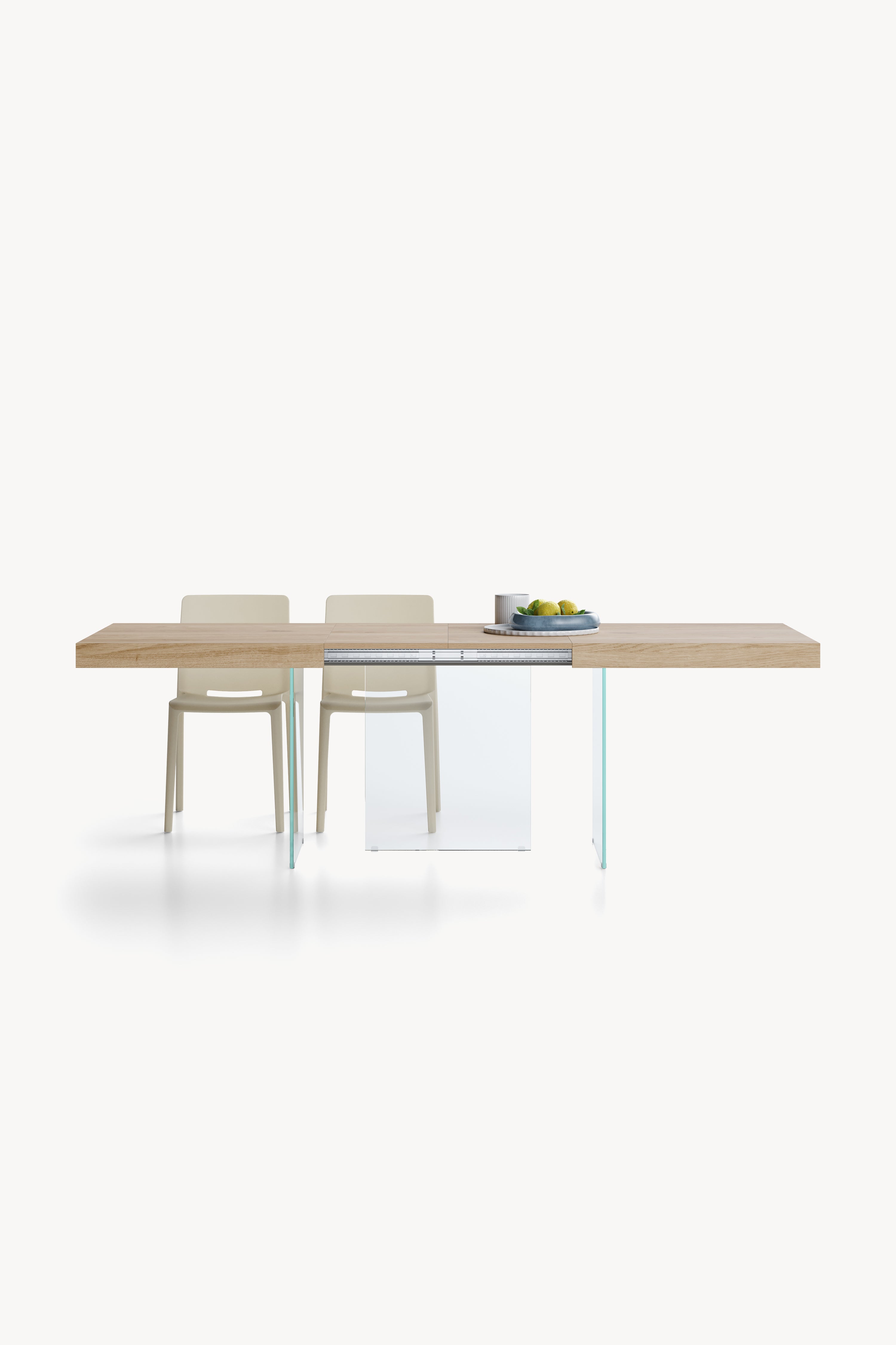 Ausziehbarer Tisch Lia 160(240)x90 cm, Wildeiche mit Beinen aus extraklarem Glas