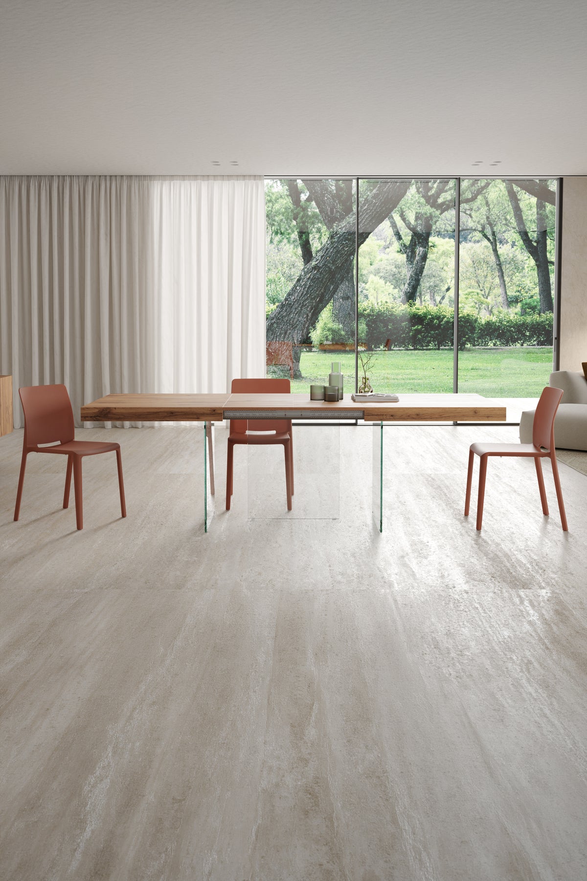 Tavolo allungabile Lia 160(240)x90 cm, Rovere rustico con gambe in vetro extrachiaro - Immagine ambientata 1