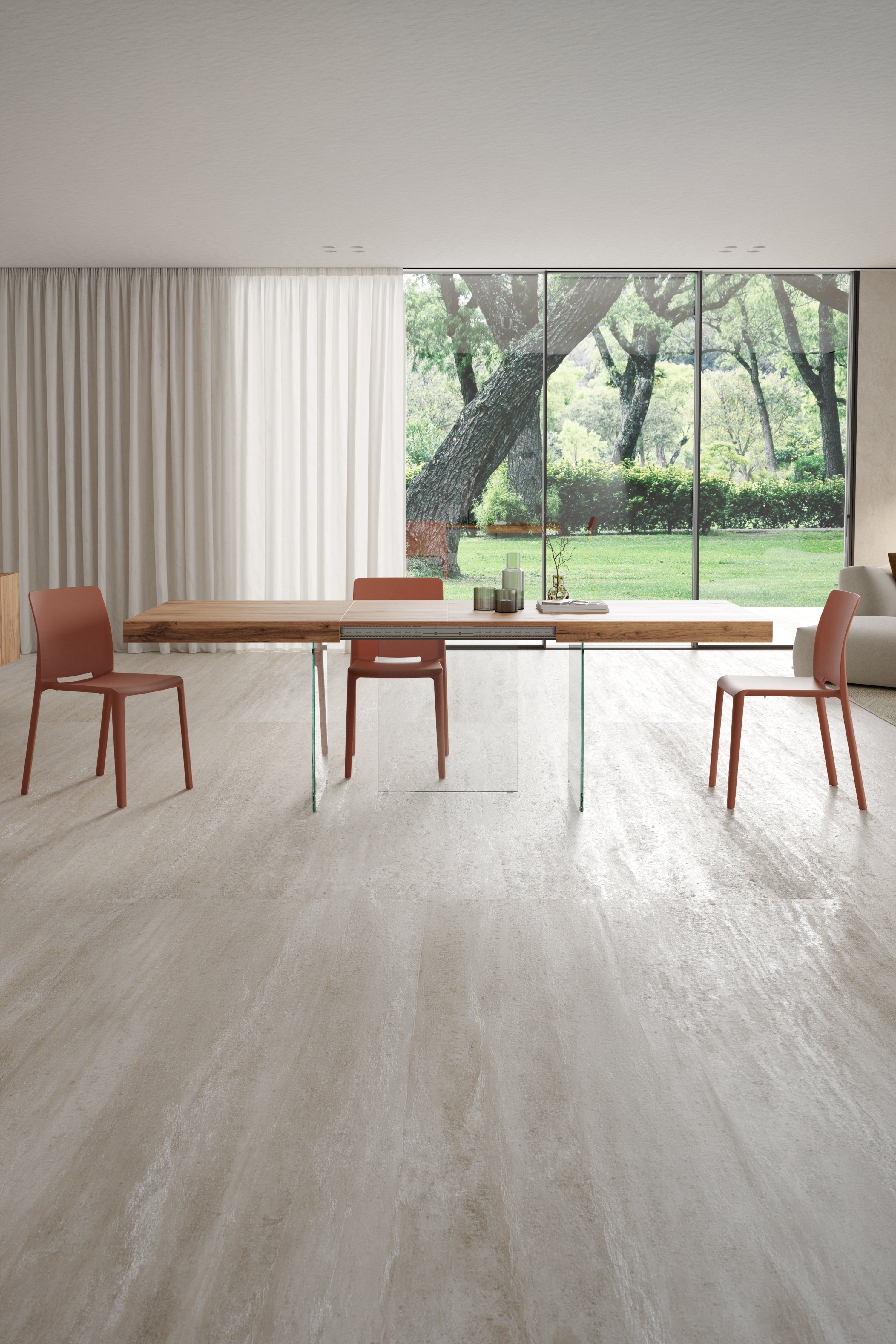Tavolo allungabile Lia 160(240)x90 cm, Rovere rustico con gambe in vetro extrachiaro - Immagine ambientata 1