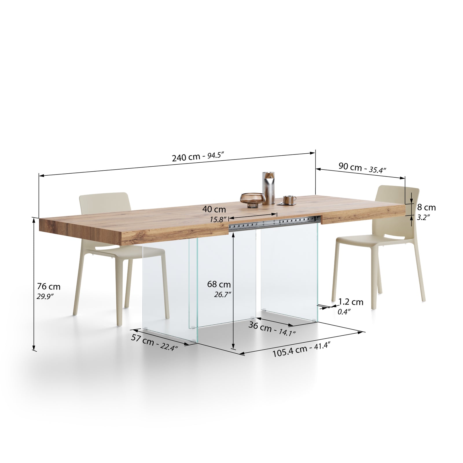 Tavolo allungabile Lia 160(240)x90 cm, Rovere rustico con gambe in vetro extrachiaro - Immagine tecnica 2