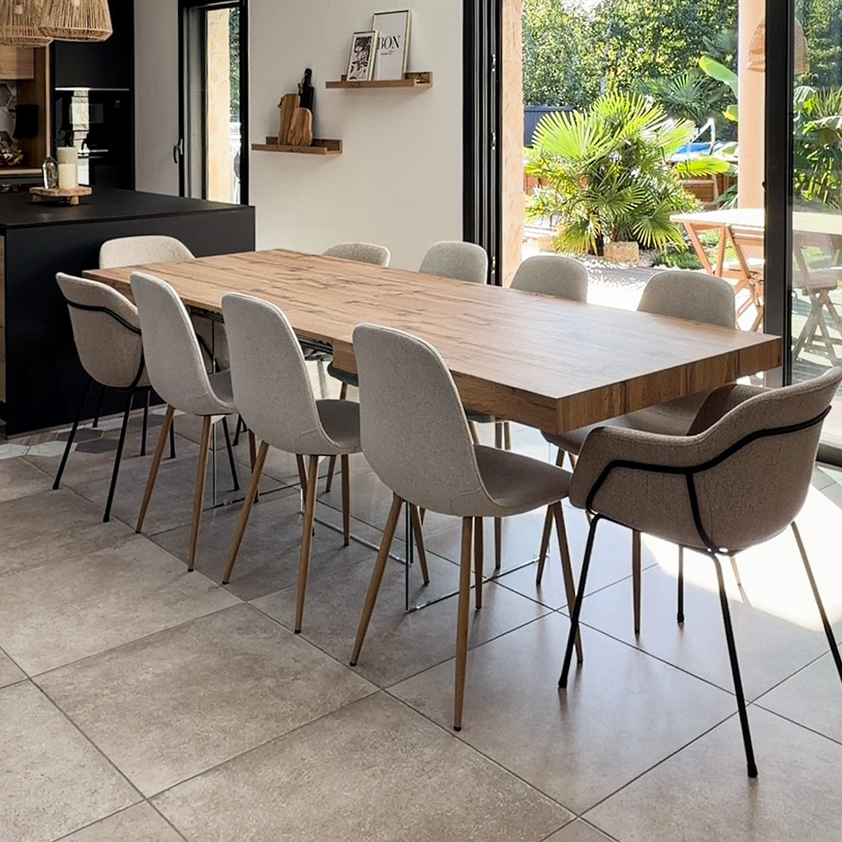 Rozkládací stůl Lia 160(240)x90 cm, rustikální dub s nohami z extra čirého skla