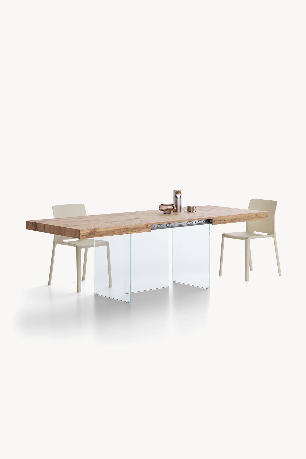 Tavolo allungabile Lia 160(240)x90 cm, Rovere rustico con gambe in vetro extrachiaro - Immagine dettaglio 3