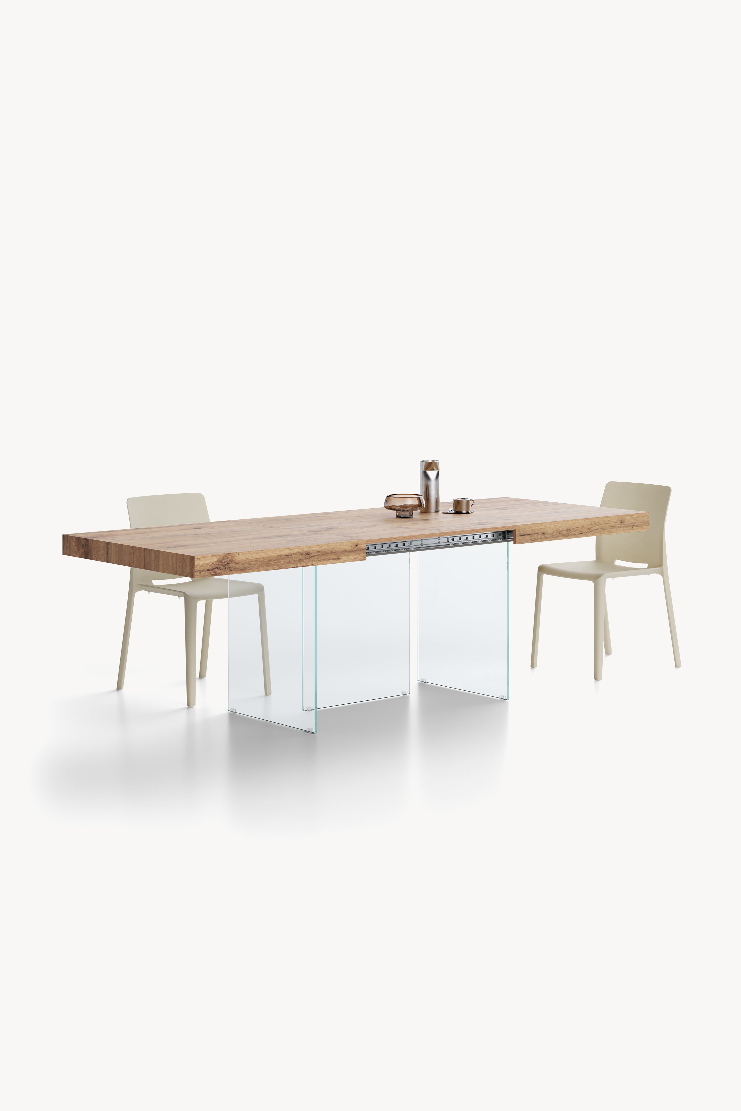 Tavolo allungabile Lia 160(240)x90 cm, Rovere rustico con gambe in vetro extrachiaro - Immagine dettaglio 3