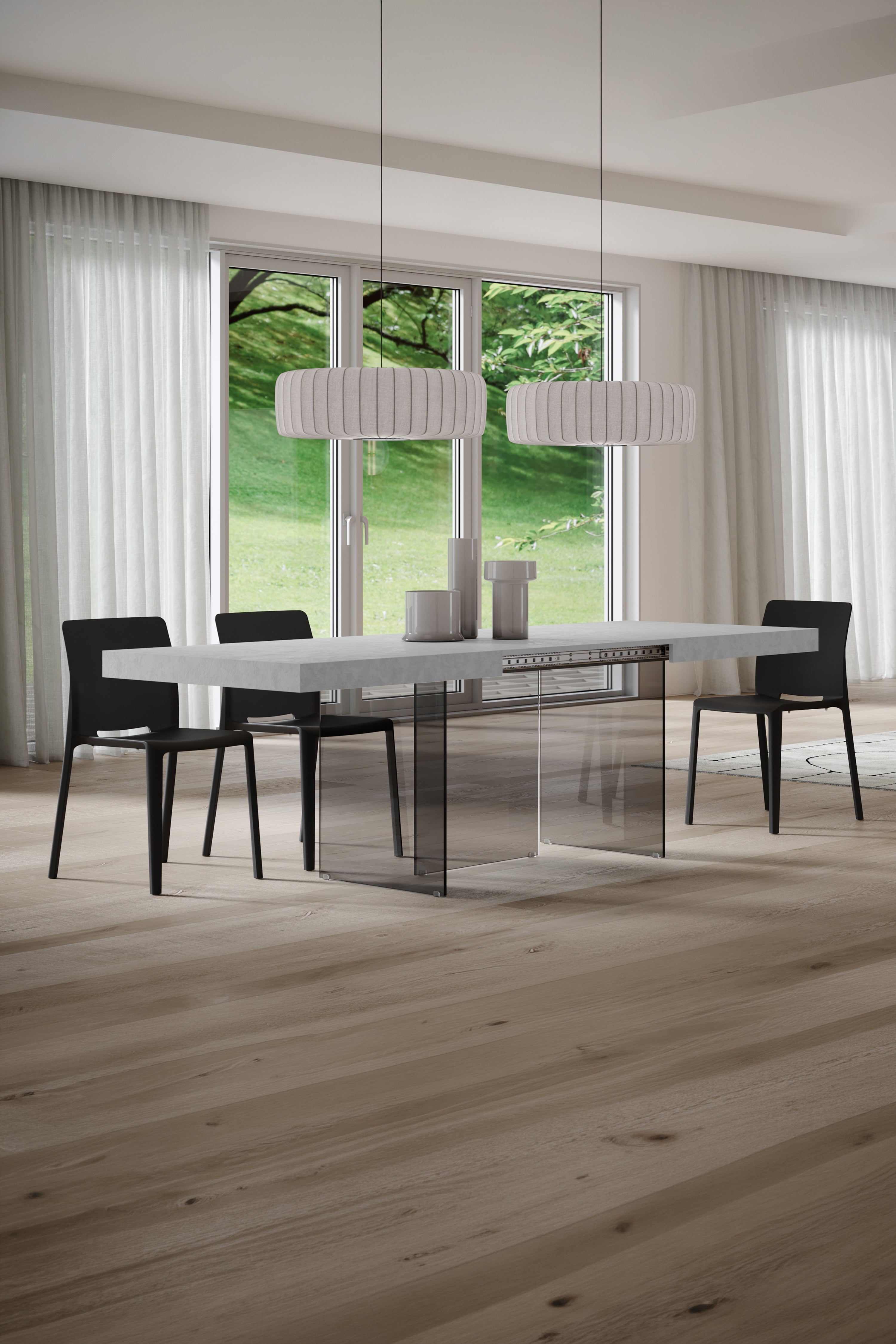 Tavolo allungabile Lia 160(240)x90 cm, Bianco cemento con gambe in vetro fumè - Immagine ambientata 1