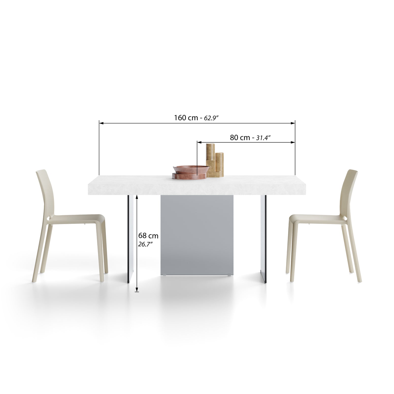 Table extensible Lia 160(240)x90 cm, Blanc béton avec pieds en verre fumé - Immagine tecnica 1