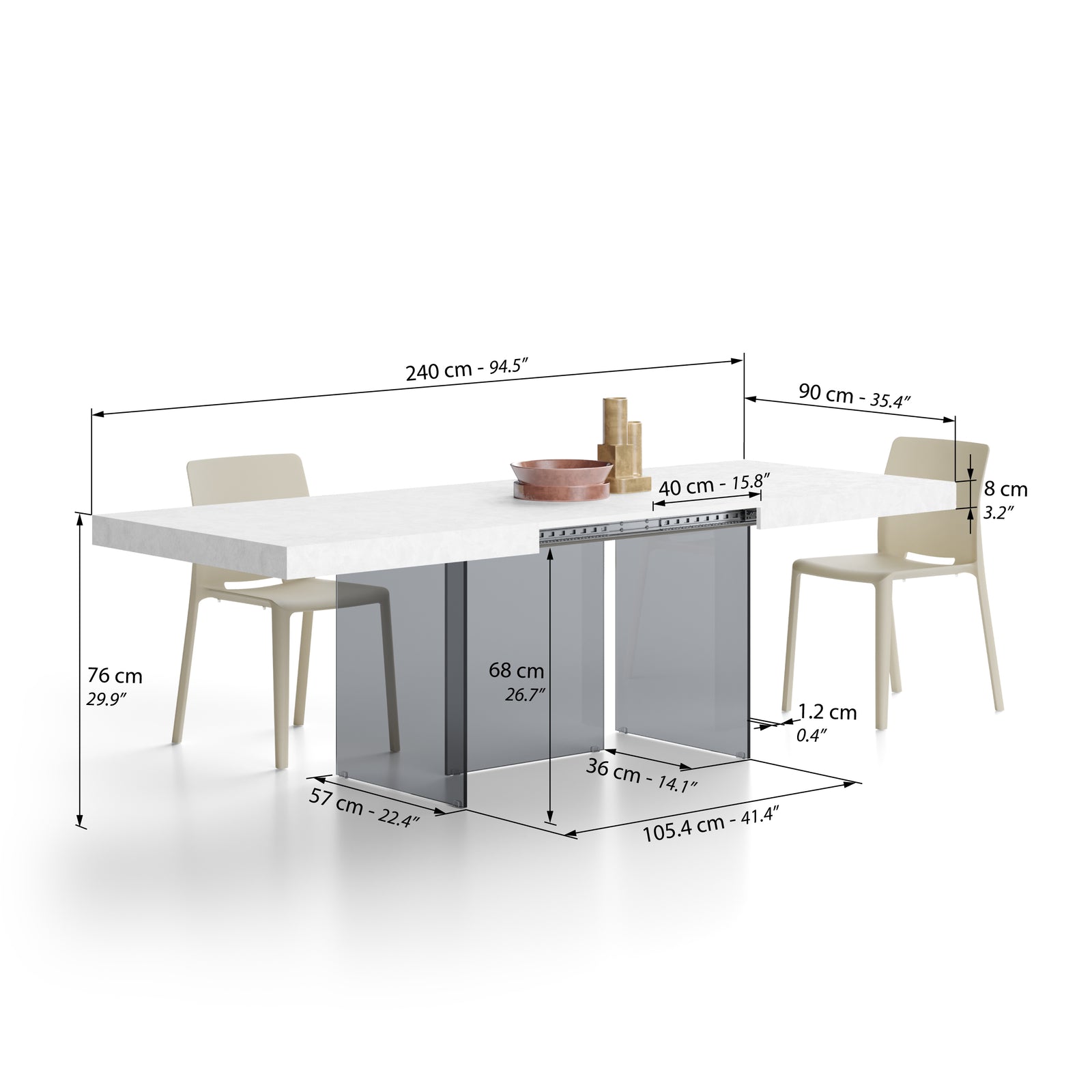 Table extensible Lia 160(240)x90 cm, Blanc béton avec pieds en verre fumé - Immagine tecnica 2