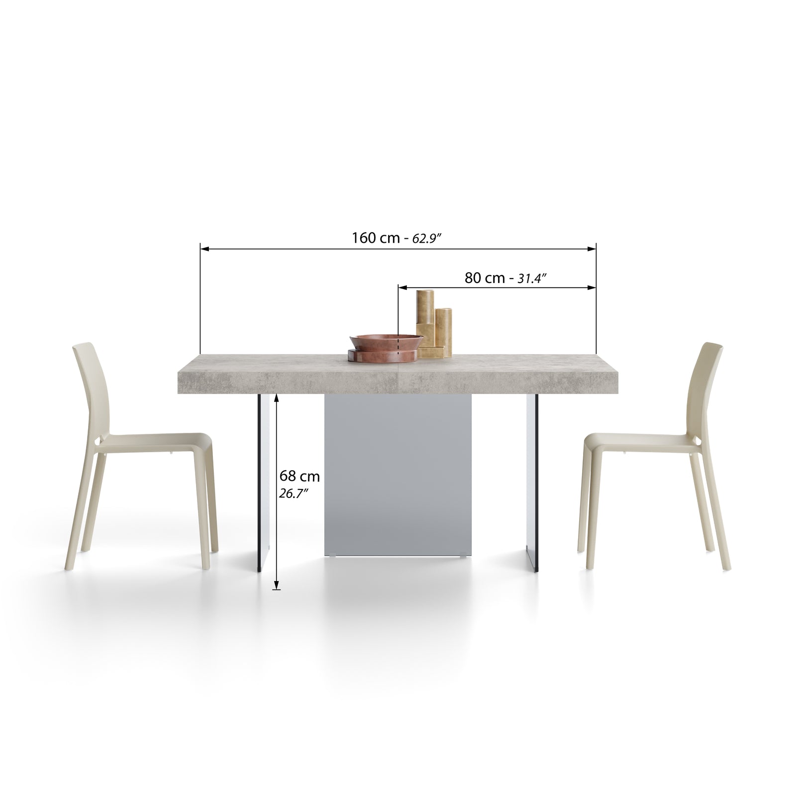 Ausziehbarer Tisch Lia 160(240)x90 cm, Betongrau mit Beinen aus Rauchglas - Immagine tecnica 1