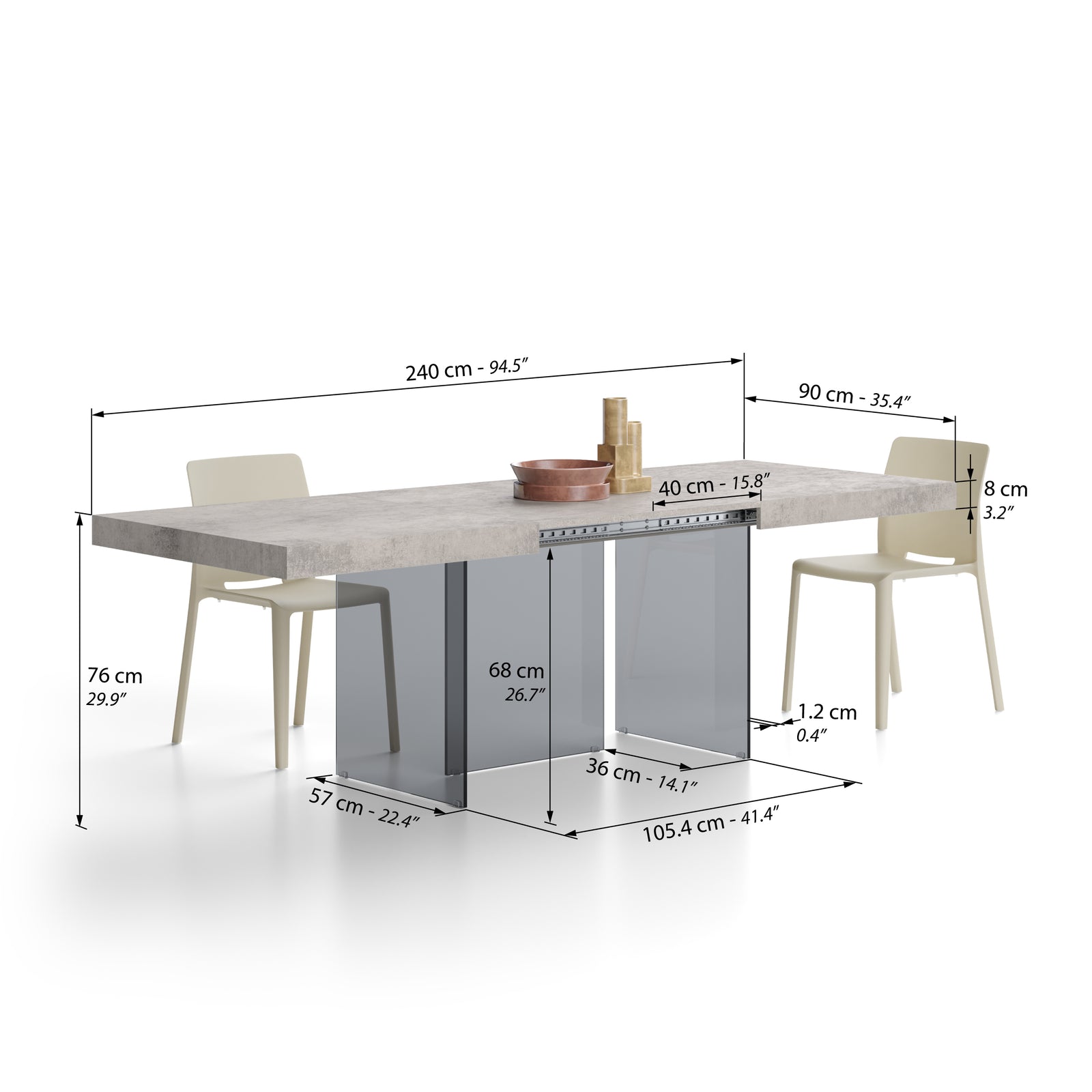 Ausziehbarer Tisch Lia 160(240)x90 cm, Betongrau mit Beinen aus Rauchglas - Immagine tecnica 2