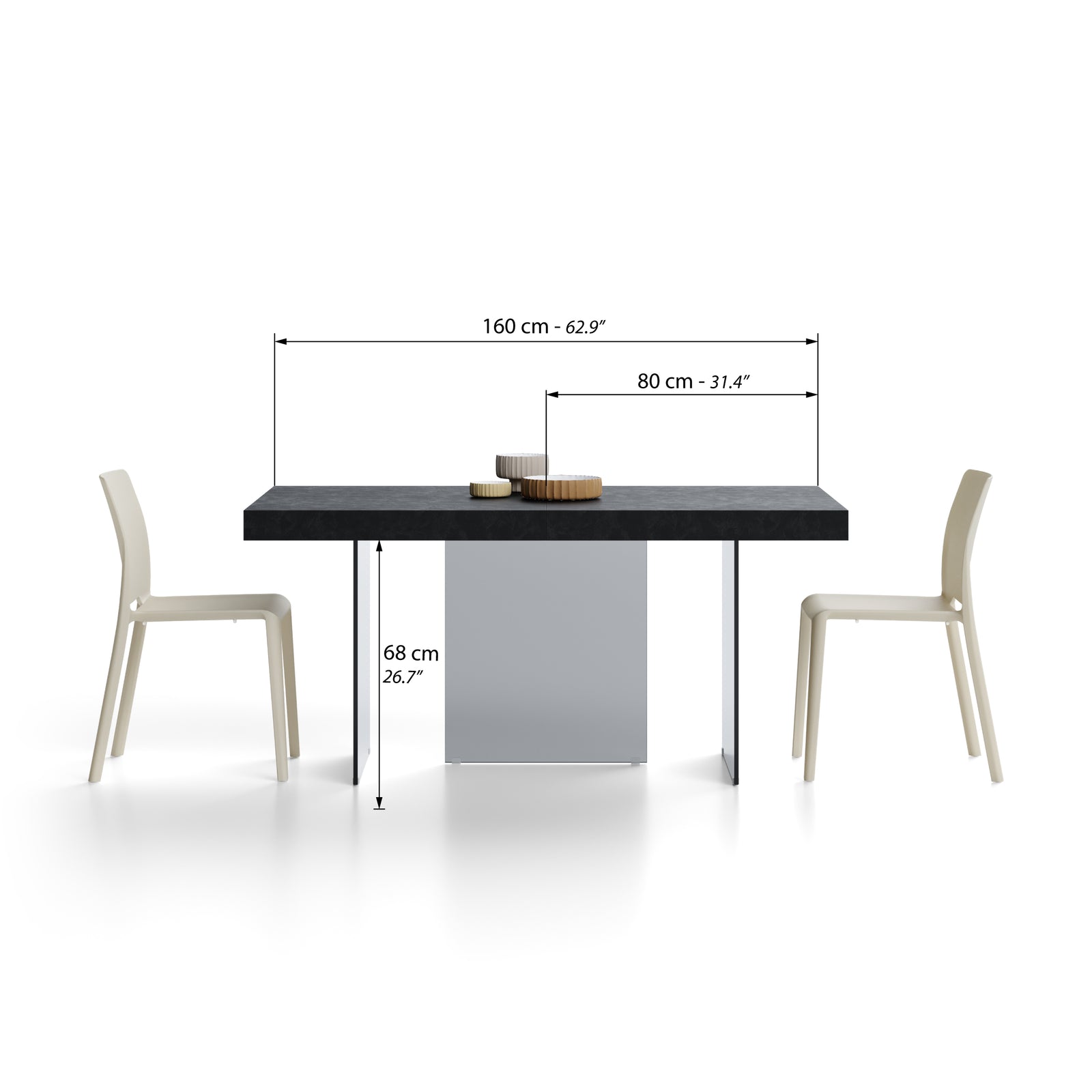 Lia extendable table 160(240)x90 cm, Concrete black effect with smoked glass legs - Immagine tecnica 1