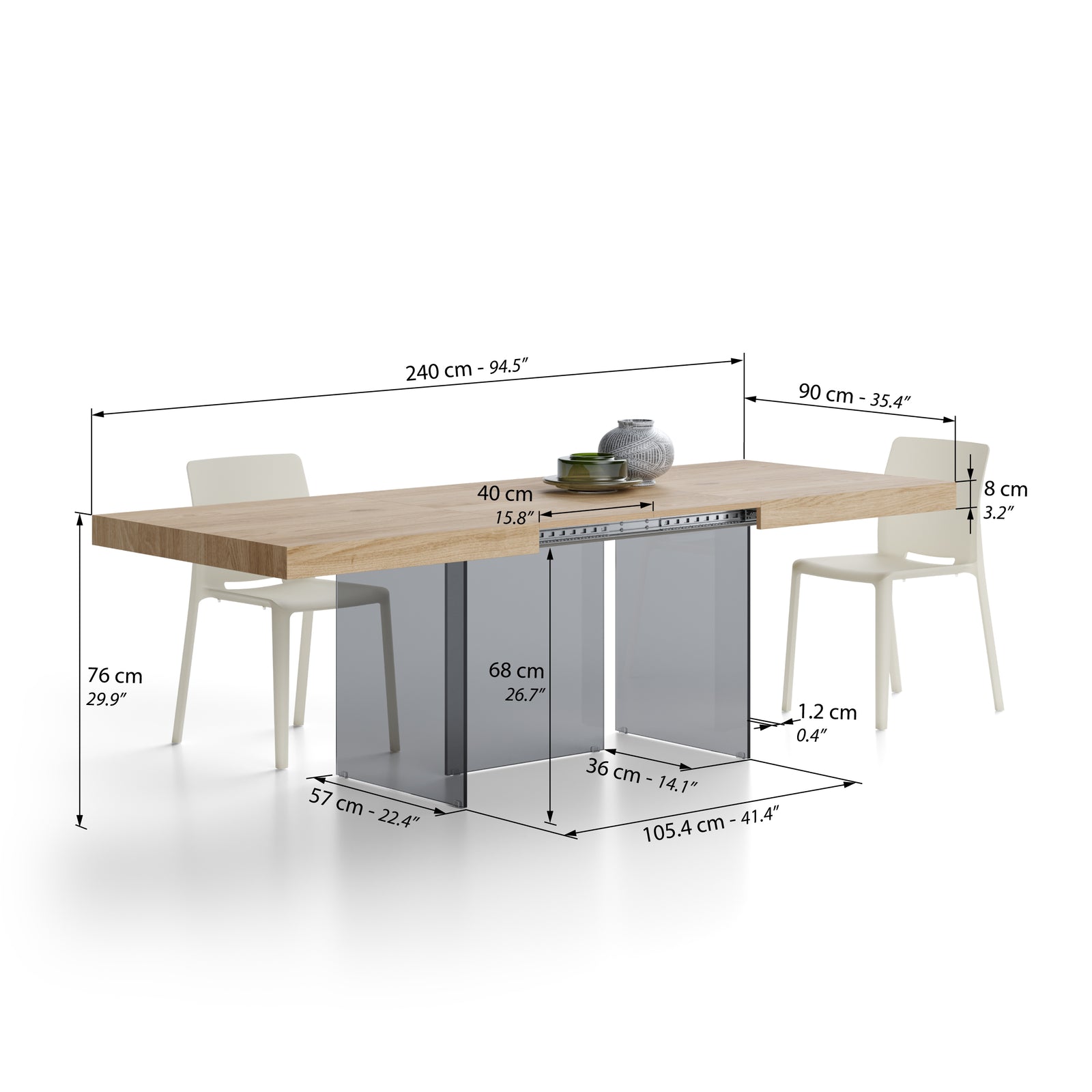 Tavolo allungabile Lia 160(240)x90 cm, Rovere naturale con gambe in vetro fumè - Immagine tecnica 2