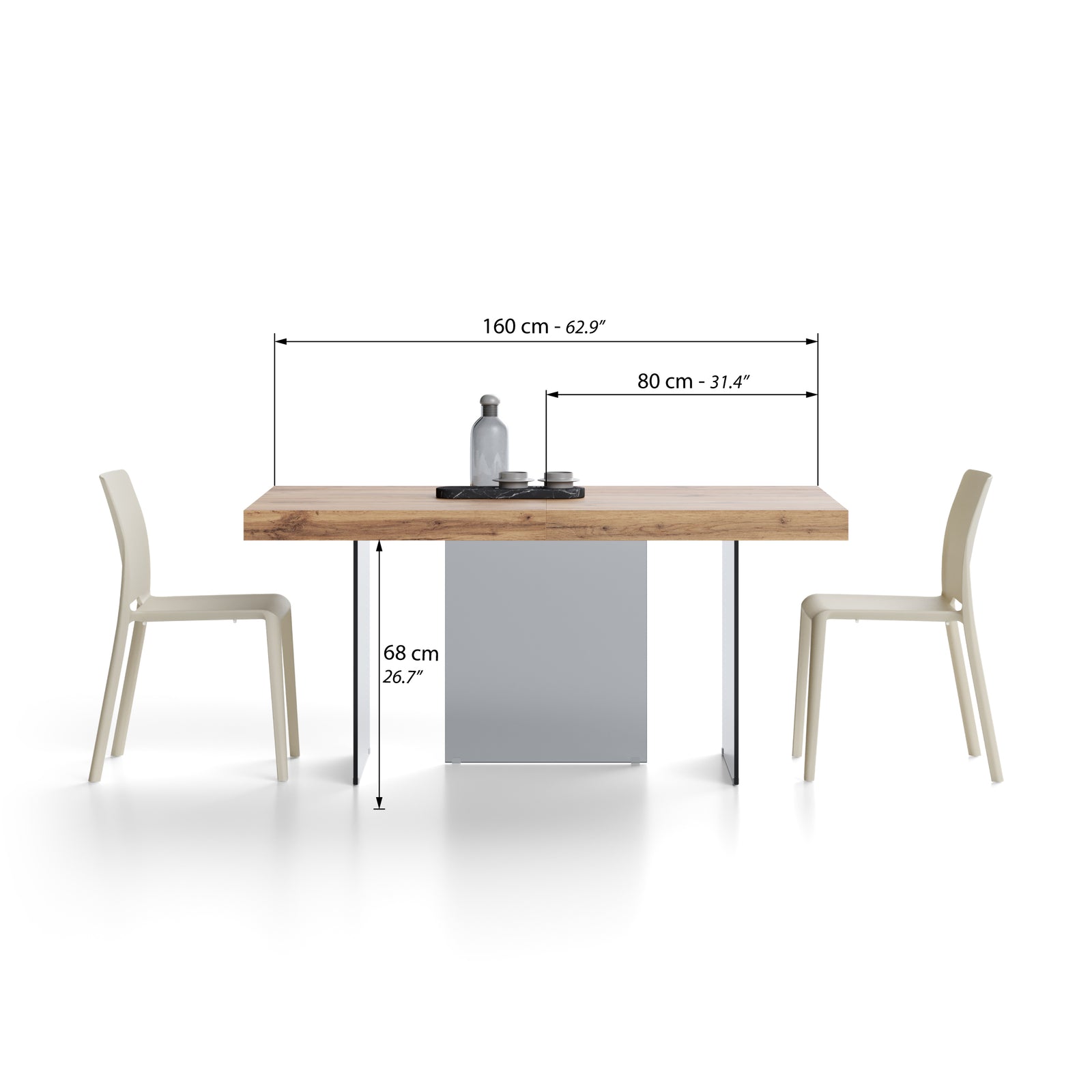 Lia extendable table 160(240)x90 cm, Rustic oak with smoked glass legs - Immagine tecnica 1