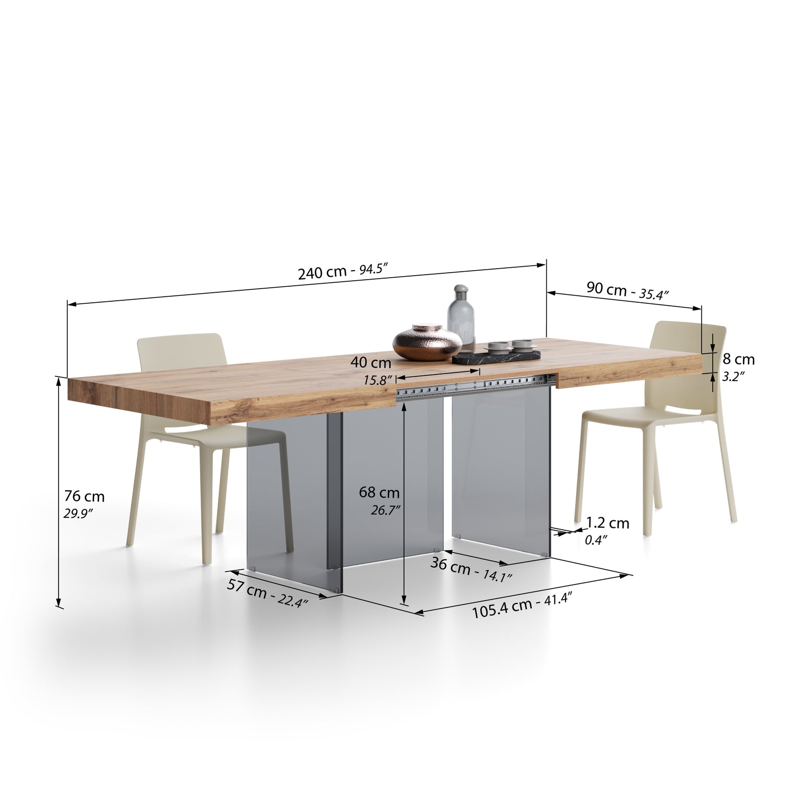 Lia extendable table 160(240)x90 cm, Rustic oak with smoked glass legs - Immagine tecnica 2