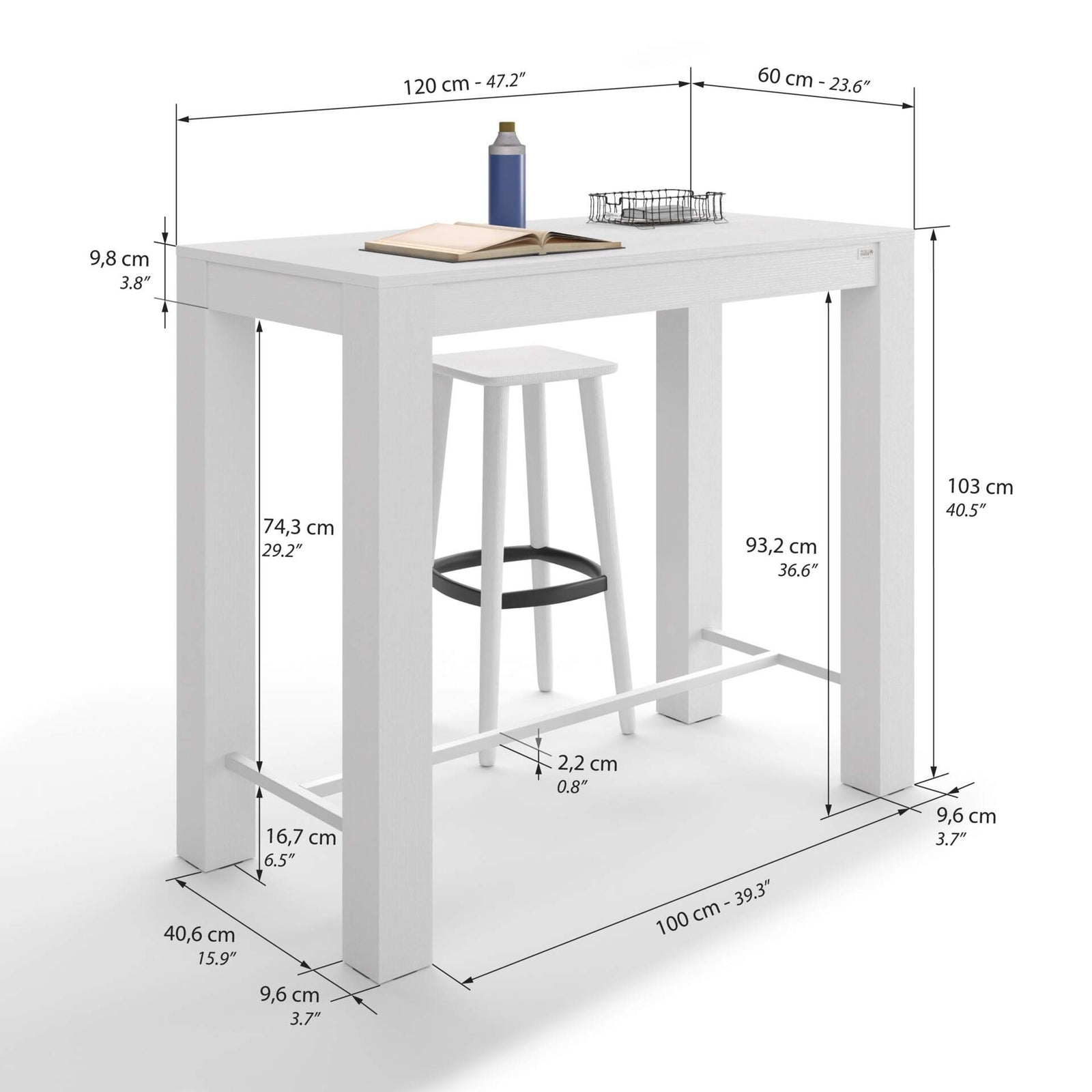 Rachele High Bar Table 47.2 x 23.6 in, Ashwood White - Immagine tecnica 1
