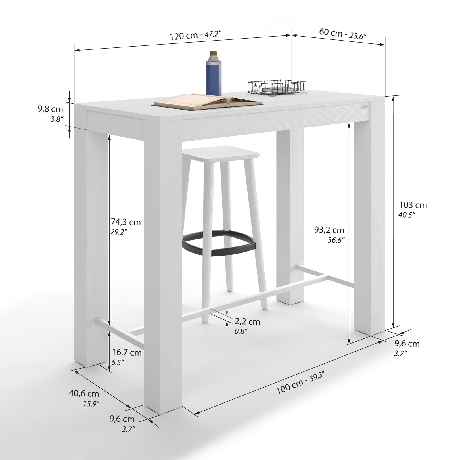 Rachele High Bar Table 120x60 cm, Ashwood White - Immagine tecnica 1